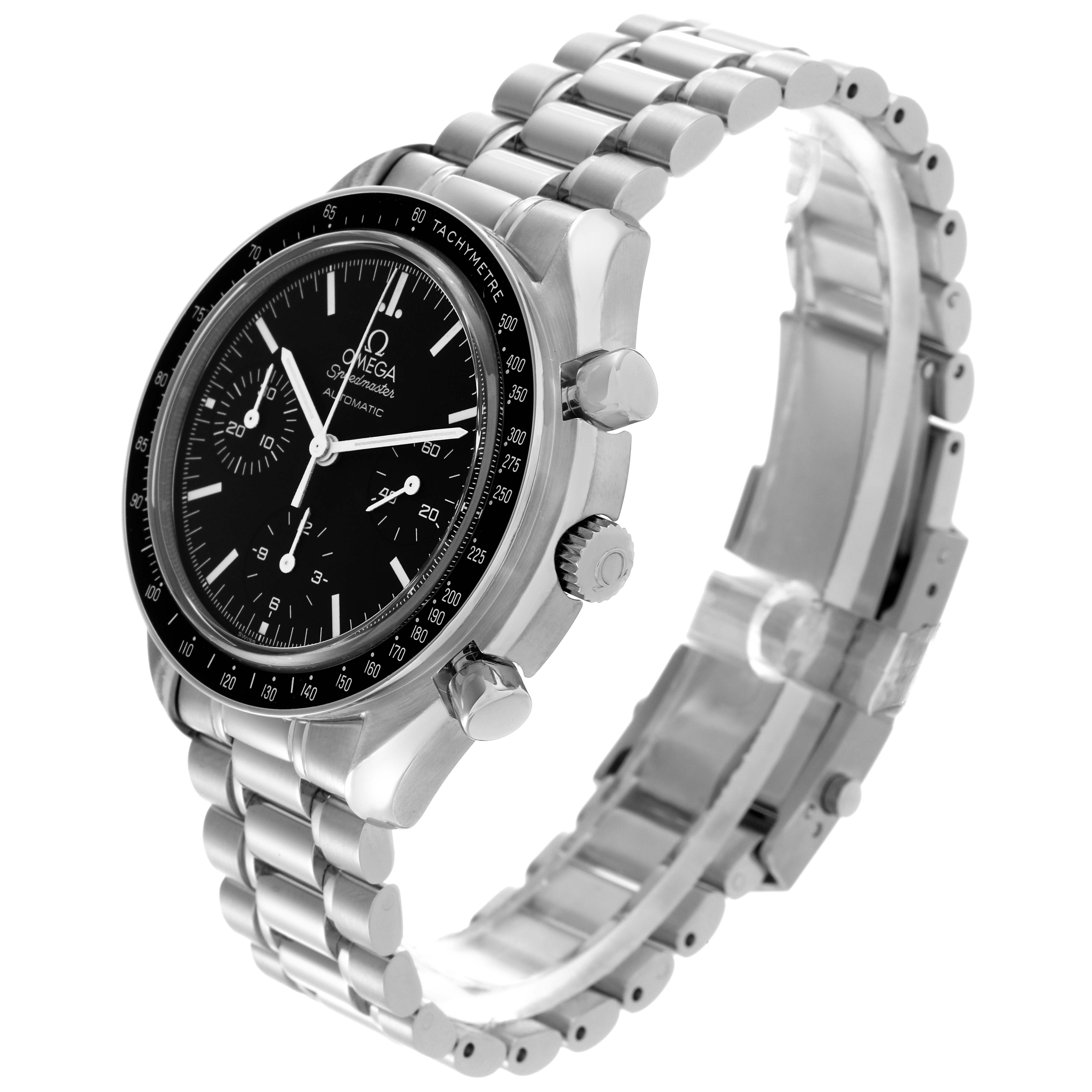 The Omega Speedmaster 3539.50.00 Men
s Stainless Steel Black Dial 3539.50.00 Men
s Stainless Steel Black Dial watch is shown from a three-quarter angle, displaying the face, bezel, crown, pushers, and bracelet.