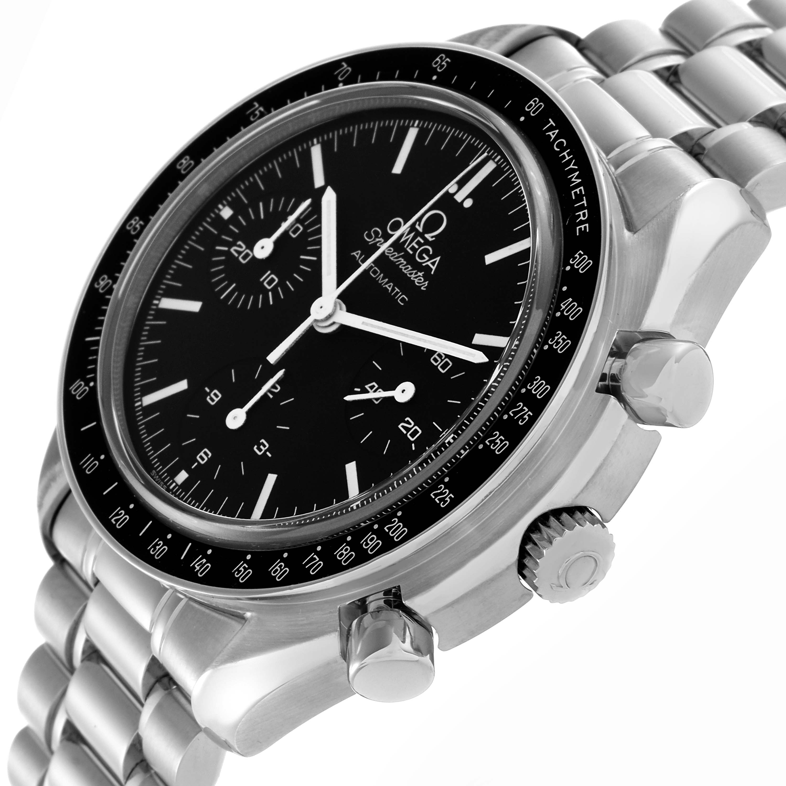 The Omega Speedmaster 3539.50.00 Men
s Stainless Steel Black Dial 3539.50.00 Men
s Stainless Steel Black Dial watch is shown at an angled side view, displaying the dial, bezel, pushers, and bracelet.