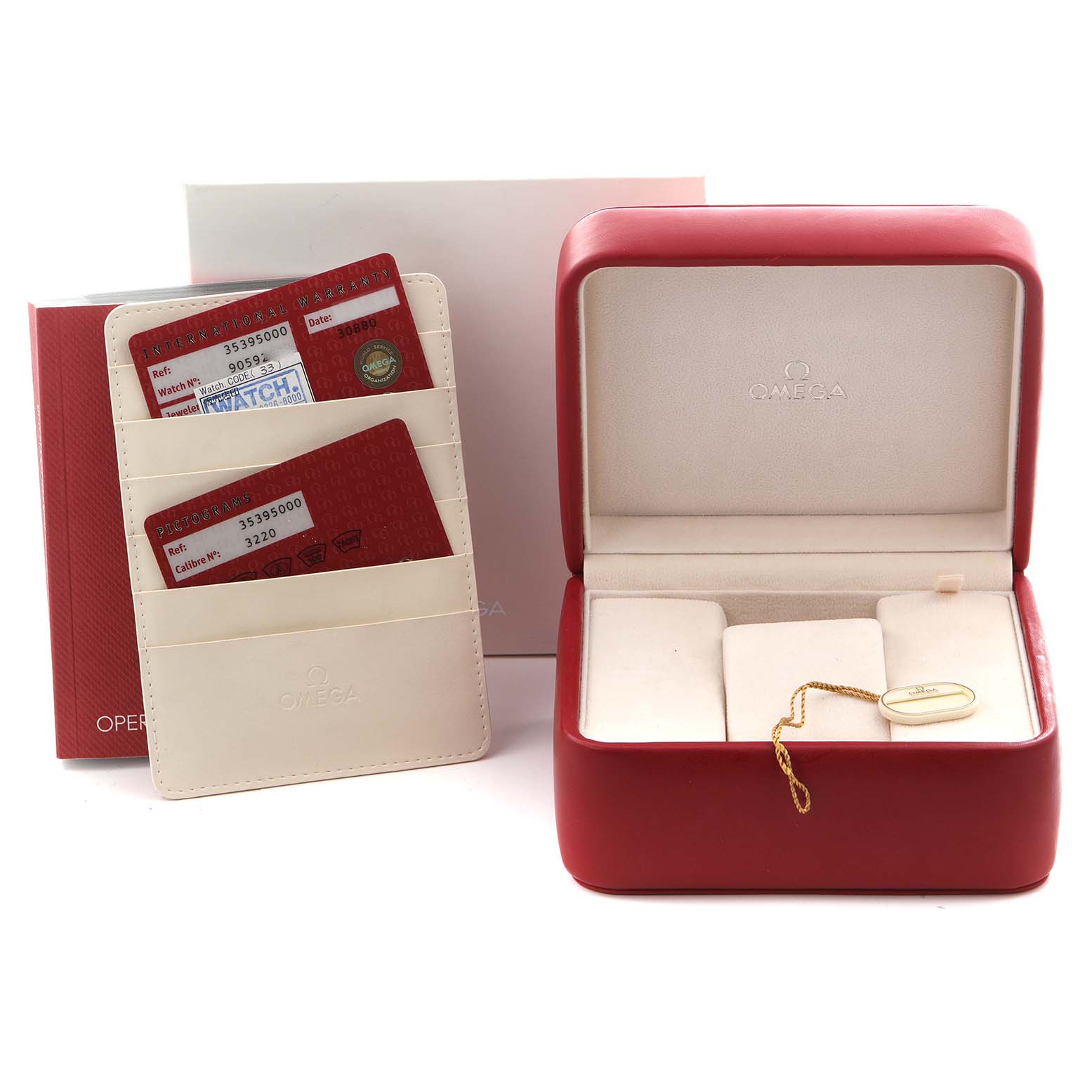 The image shows an Omega Speedmaster 3539.50.00 Men
s Stainless Steel Black Dial 3539.50.00 Men
s Stainless Steel Black Dial watch box, with service cards and a closed red case at an angle.