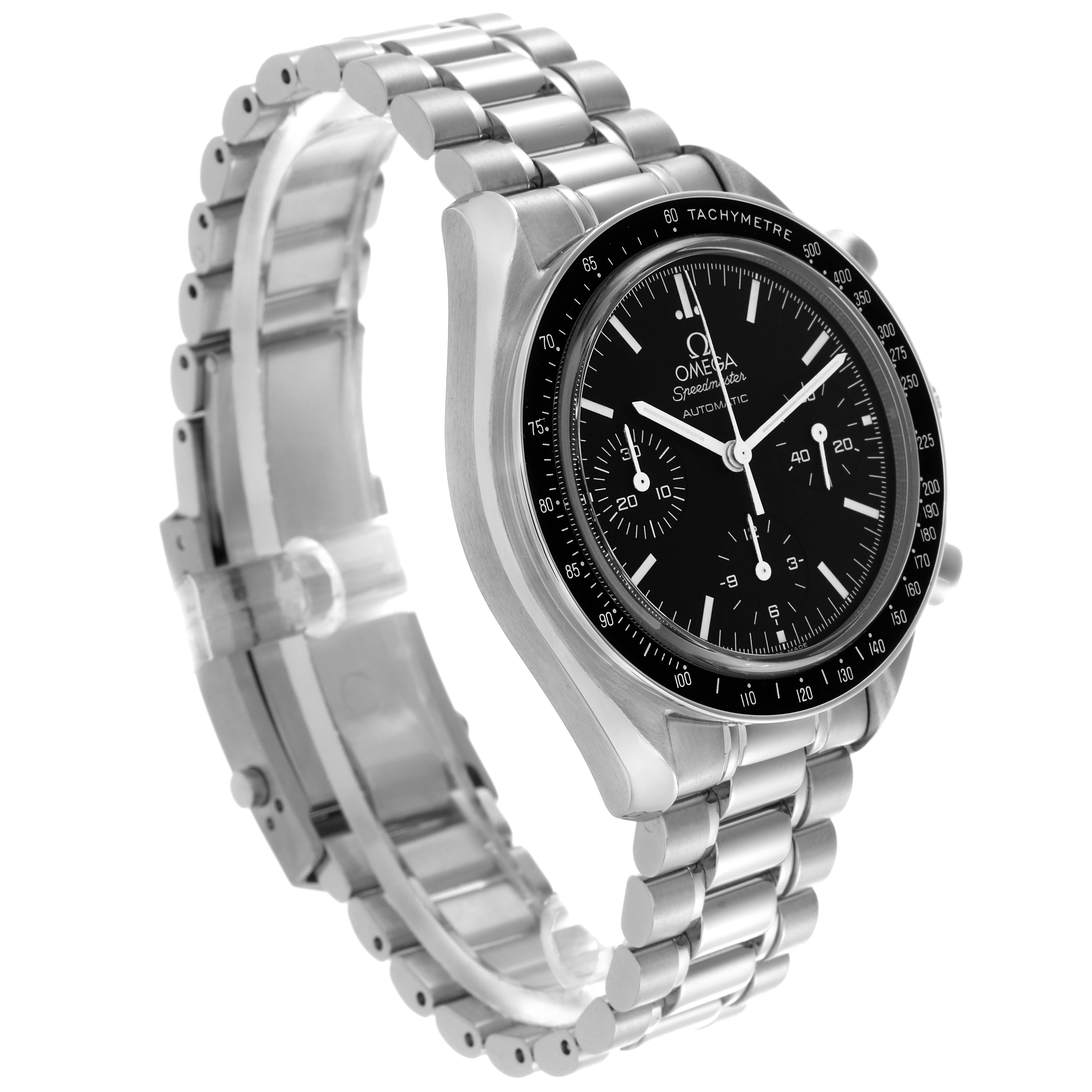 The Omega Speedmaster 3539.50.00 Men
s Stainless Steel Black Dial 3539.50.00 Men
s Stainless Steel Black Dial watch is shown at a three-quarter angle, displaying the face, bezel, and bracelet.