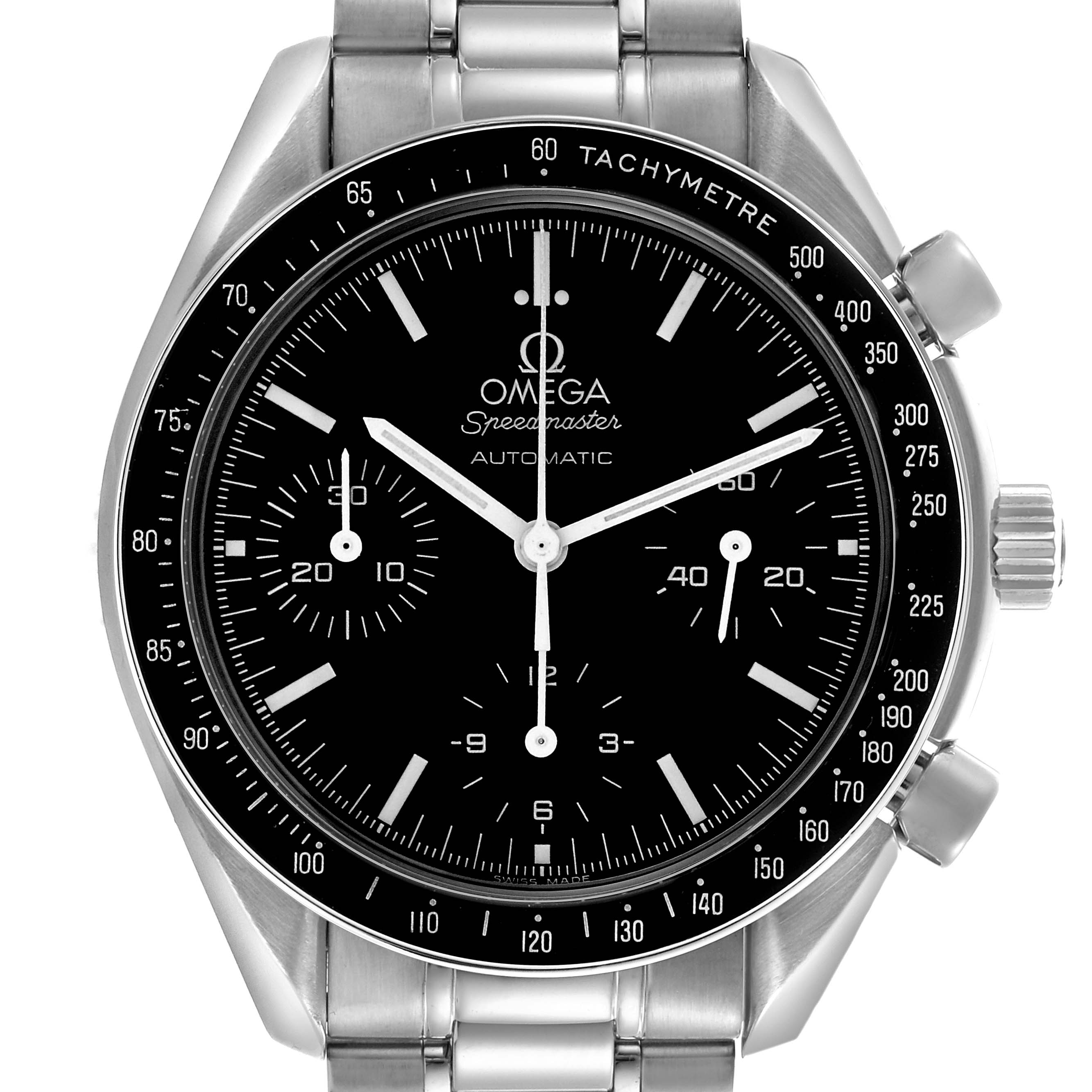 The Omega Speedmaster 3539.50.00 Men
s Stainless Steel Black Dial 3539.50.00 Men
s Stainless Steel Black Dial is shown from a frontal angle, highlighting the dial, bezel, and bracelet.