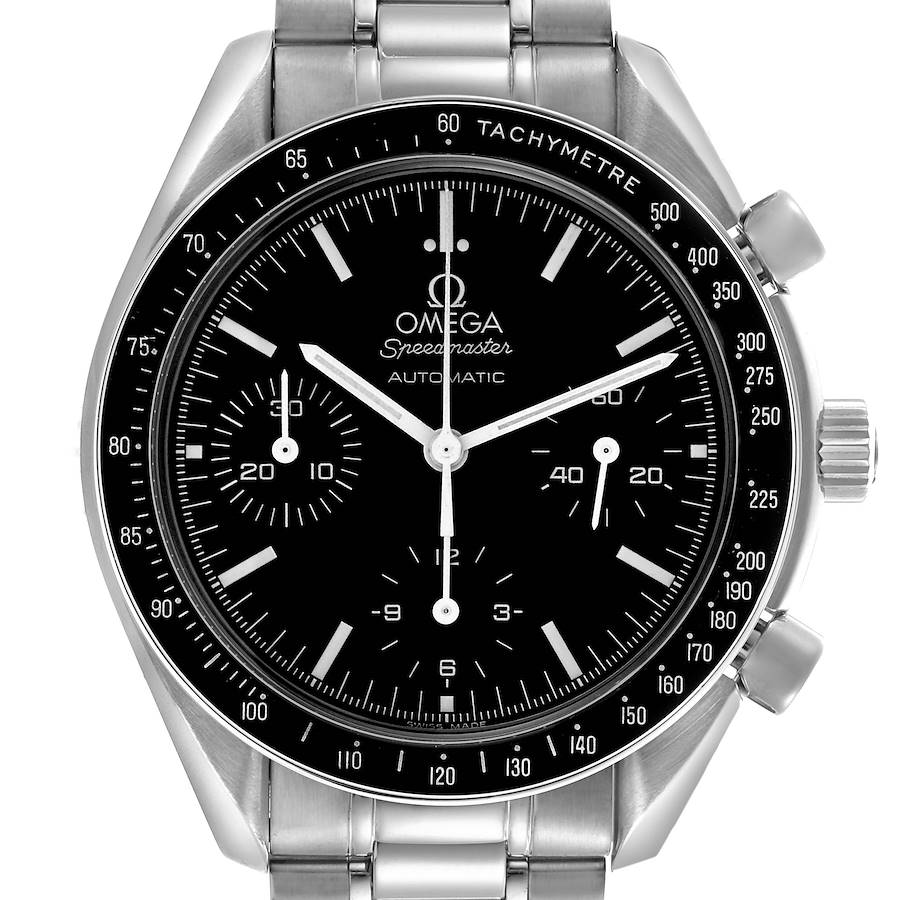 The Omega Speedmaster is shown from a frontal angle, highlighting the dial, bezel, and bracelet.