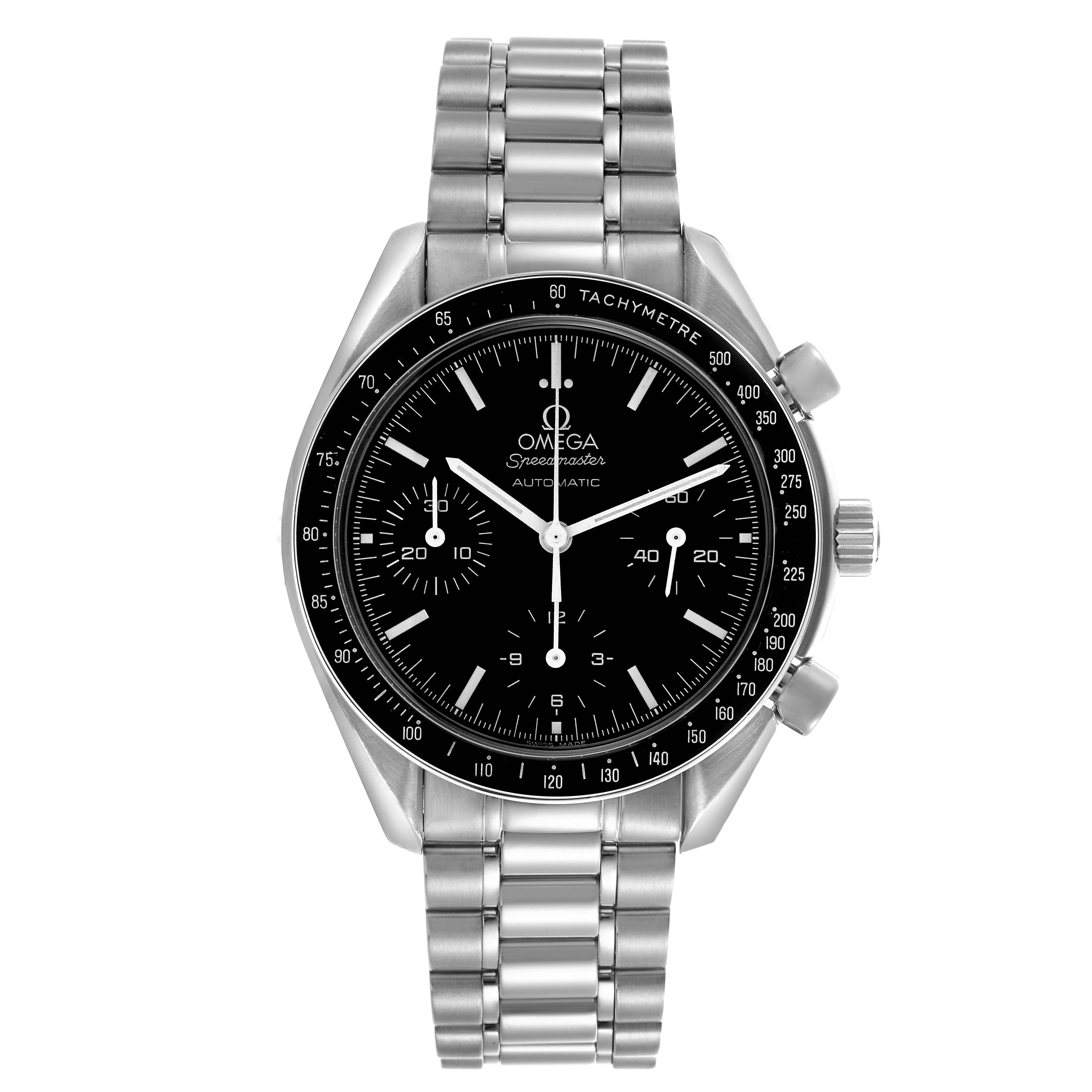 The Omega Speedmaster 3539.50.00 Men
s Stainless Steel Black Dial 3539.50.00 Men
s Stainless Steel Black Dial watch is shown from a front view, displaying the dial, bezel, pushers, and metal bracelet.