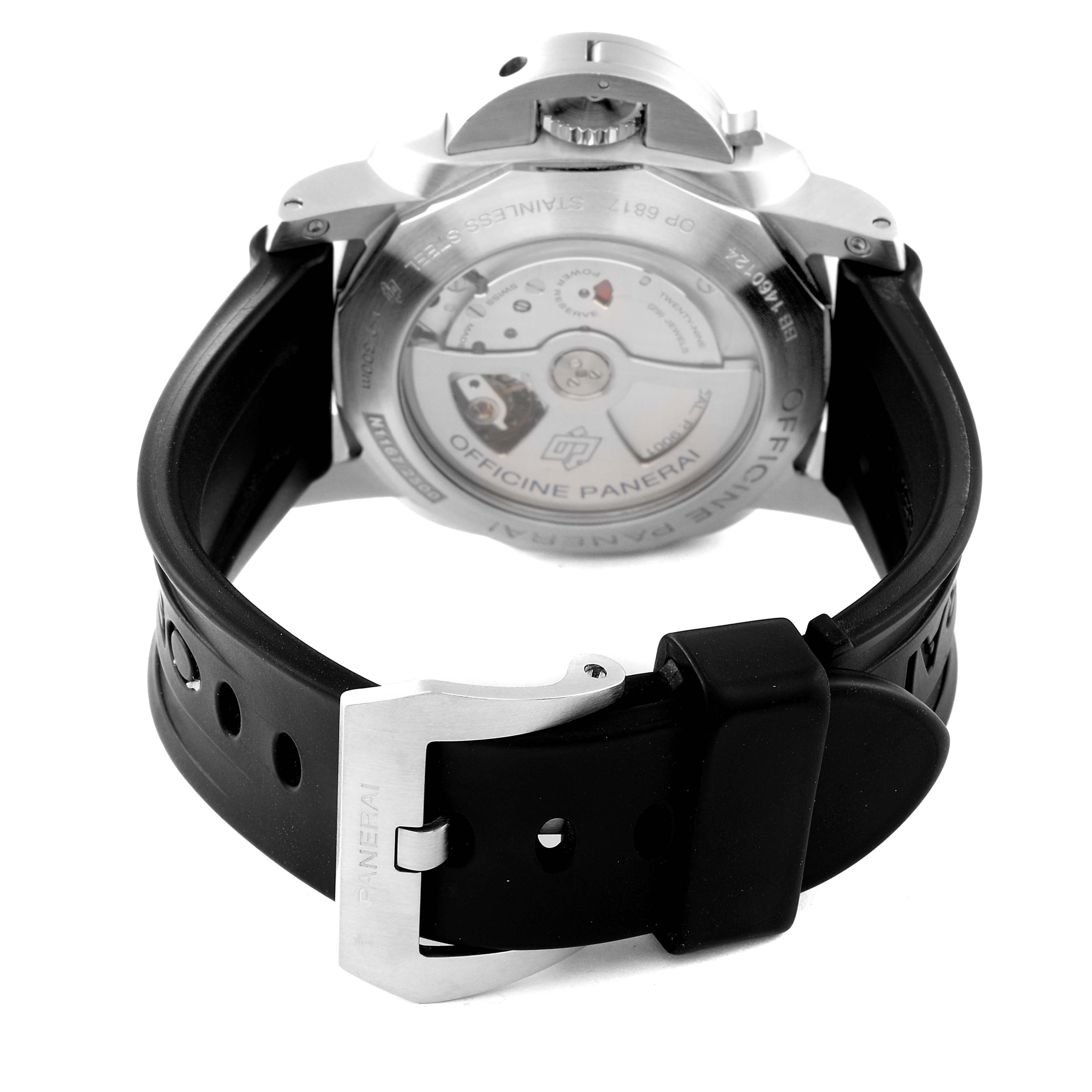 The image shows the back view of a Panerai Luminor PAM00320 Men
s Stainless Steel Black Dial PAM00320 Men
s Stainless Steel Black Dial watch, highlighting the case back, crown guard, and rubber strap with a buckle.