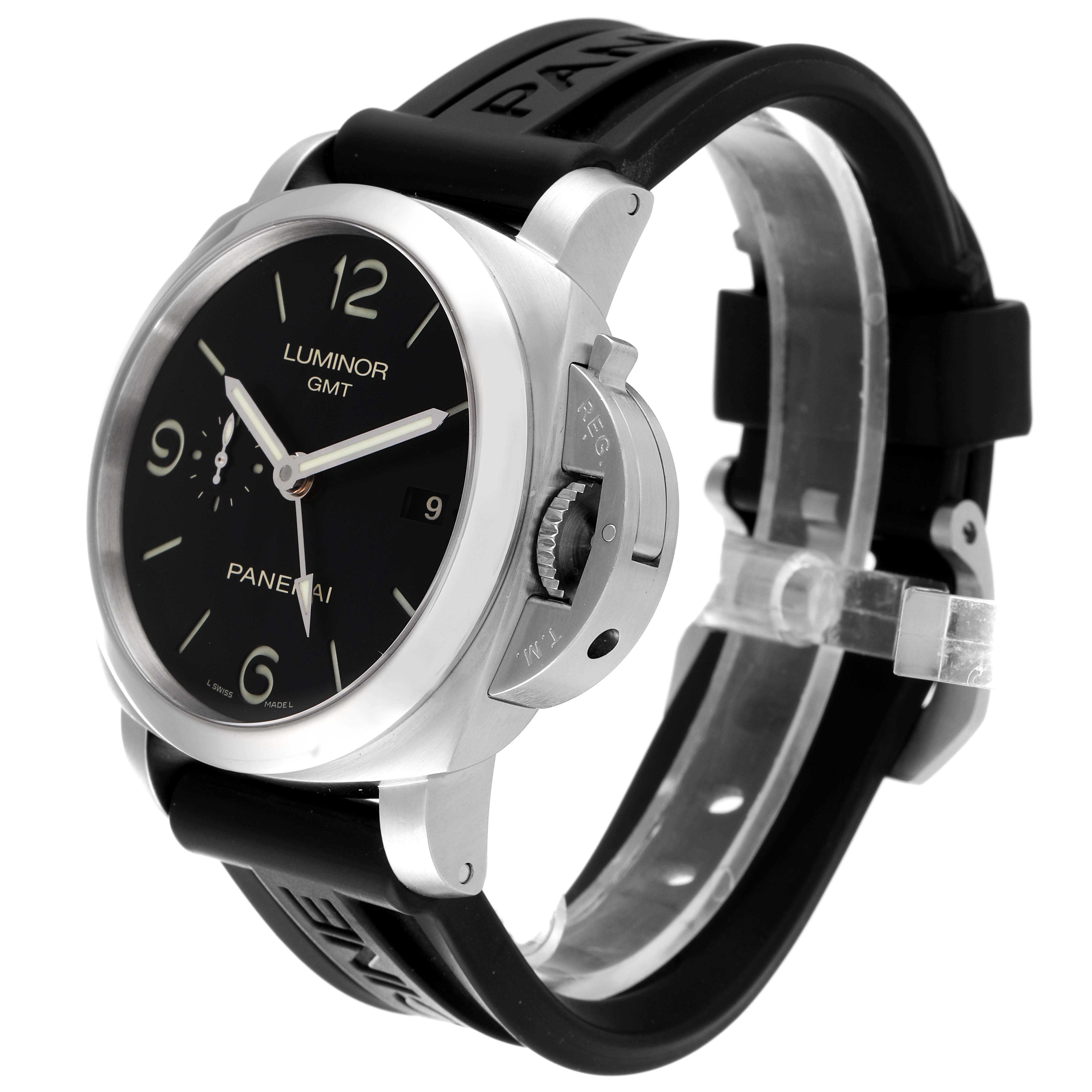 The image shows a side angle of a Panerai Luminor PAM00320 Men
s Stainless Steel Black Dial PAM00320 Men
s Stainless Steel Black Dial model watch, highlighting its black dial, crown guard, and black strap.