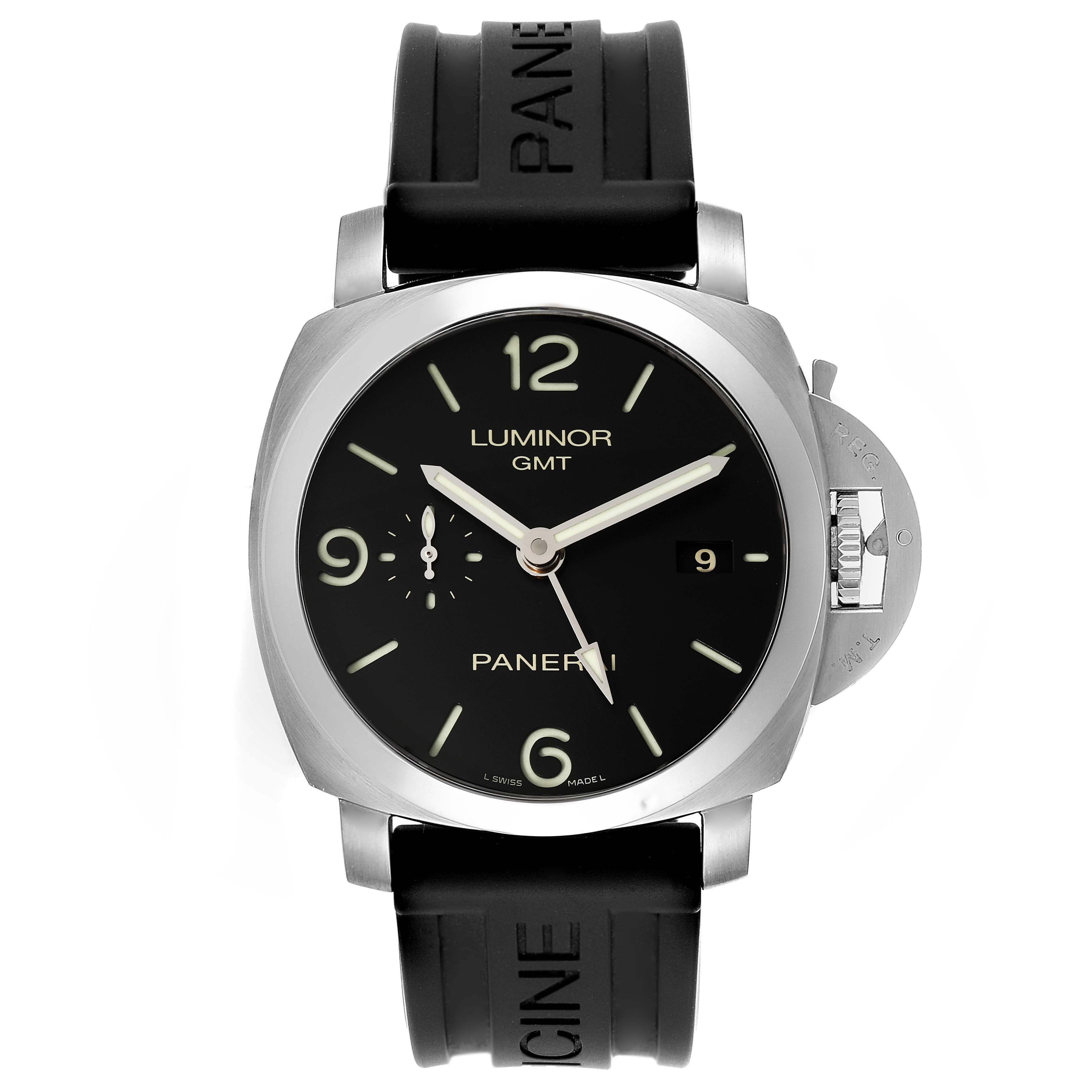 The Panerai Luminor PAM00320 Men
s Stainless Steel Black Dial PAM00320 Men
s Stainless Steel Black Dial GMT watch is shown from a front angle, displaying its dial, case, and rubber strap.