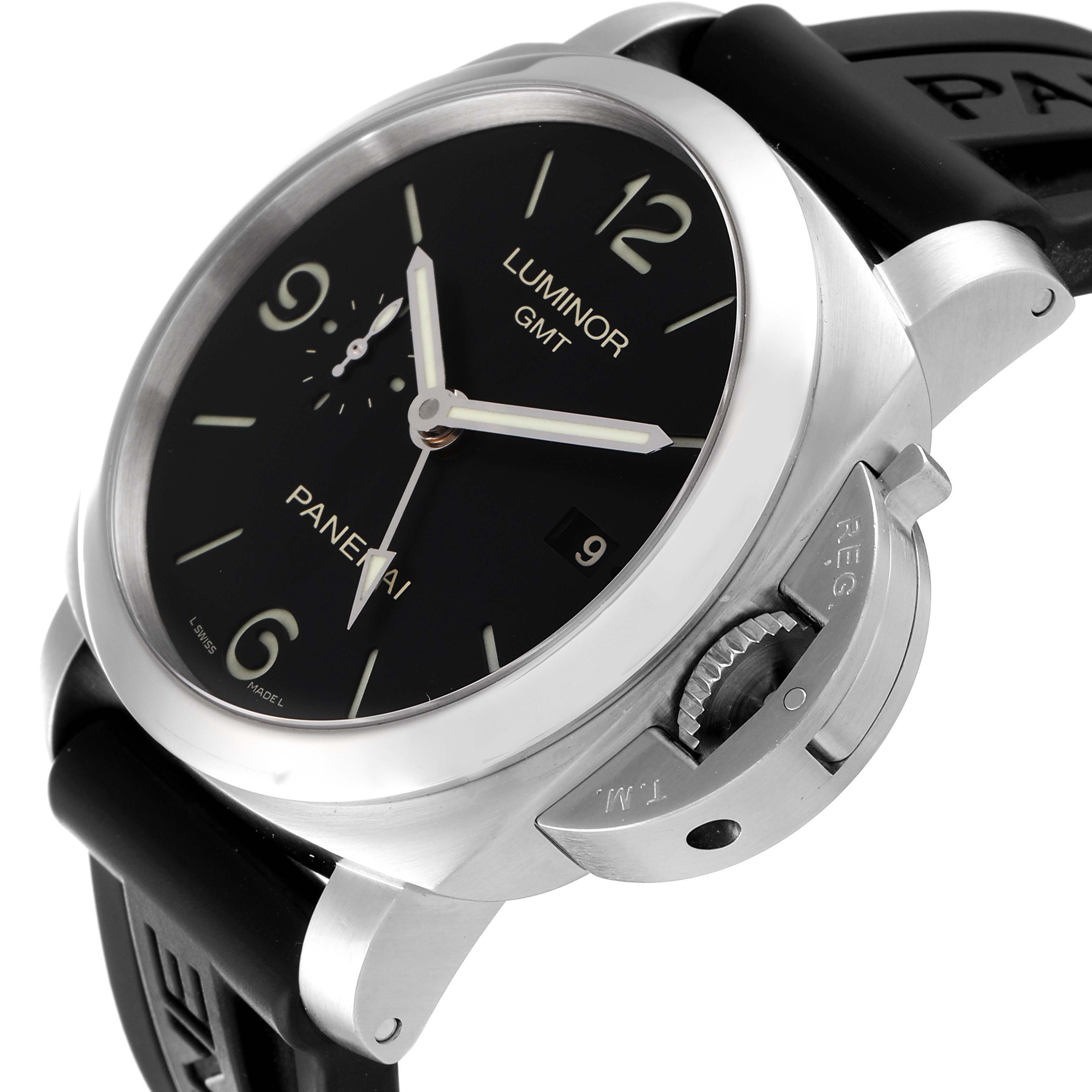 The image shows a Panerai Luminor PAM00320 Men
s Stainless Steel Black Dial PAM00320 Men
s Stainless Steel Black Dial GMT watch from a slightly tilted front angle, highlighting the dial, crown guard, and strap.