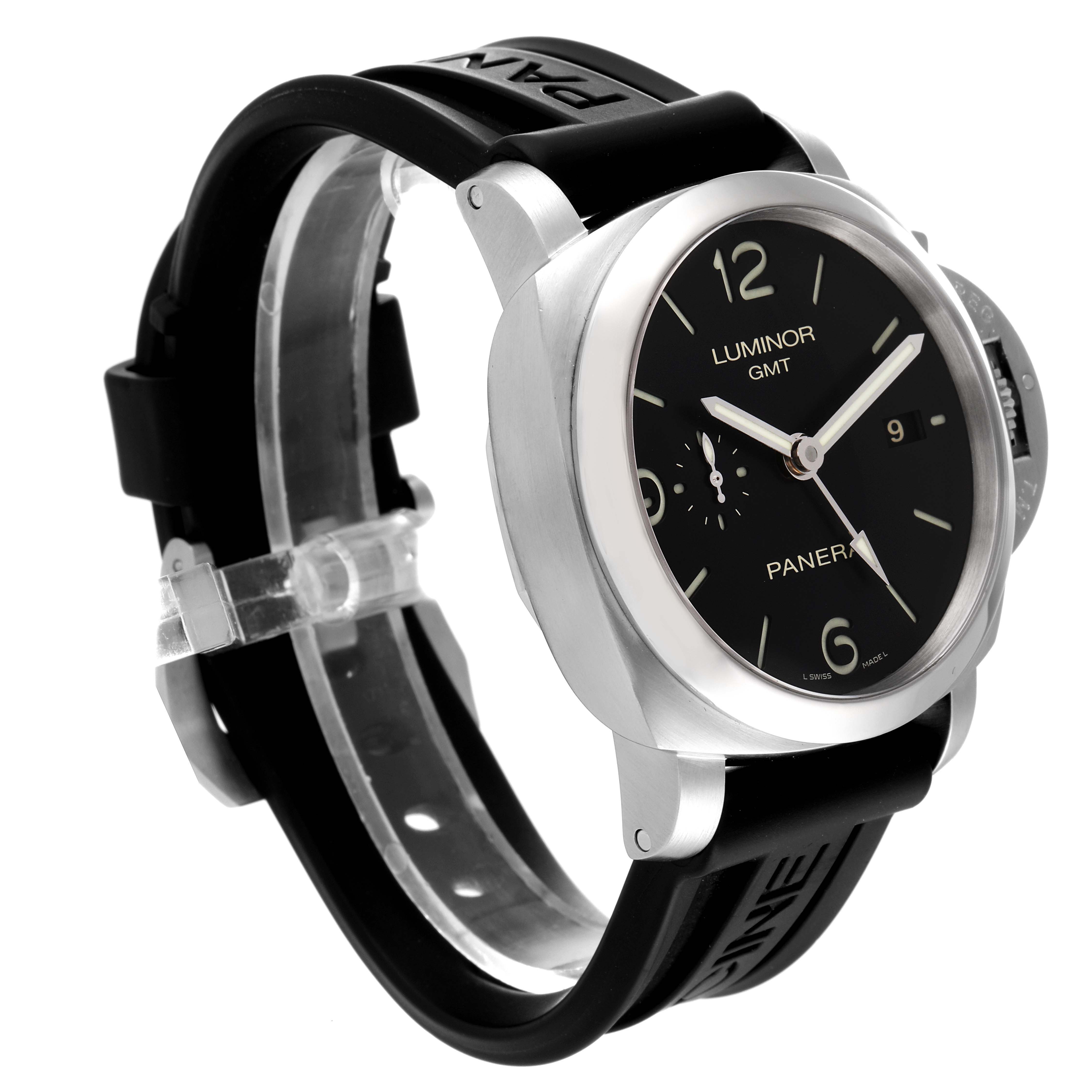 The image shows a Panerai Luminor PAM00320 Men
s Stainless Steel Black Dial PAM00320 Men
s Stainless Steel Black Dial GMT watch at a 3/4 angle, highlighting the dial, case, and black rubber strap.