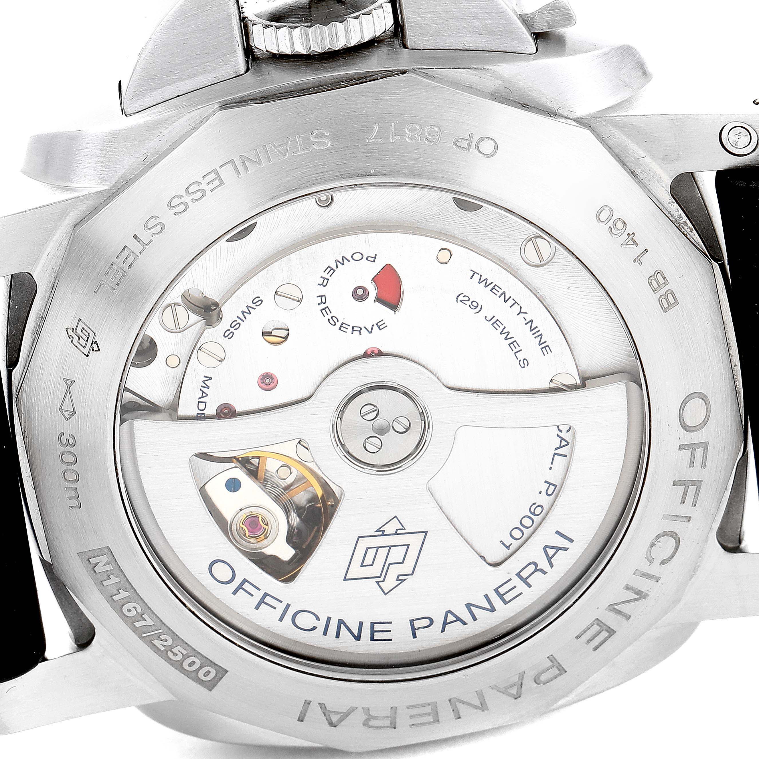 The image shows the back view of a Panerai Luminor PAM00320 Men
s Stainless Steel Black Dial PAM00320 Men
s Stainless Steel Black Dial watch, highlighting its internal mechanics and branding.