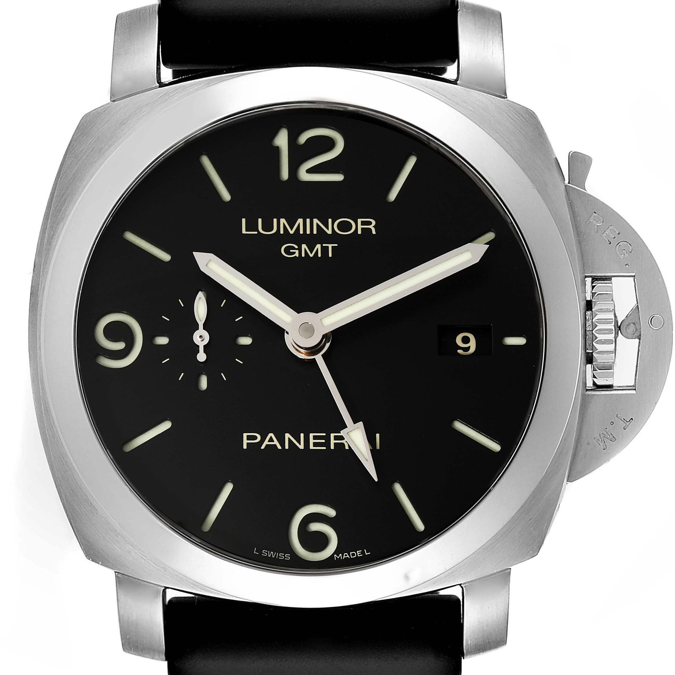 The image shows a front view of the Panerai Luminor PAM00320 Men
s Stainless Steel Black Dial PAM00320 Men
s Stainless Steel Black Dial GMT watch, highlighting the dial, hour markers, hands, date window, and crown guard.