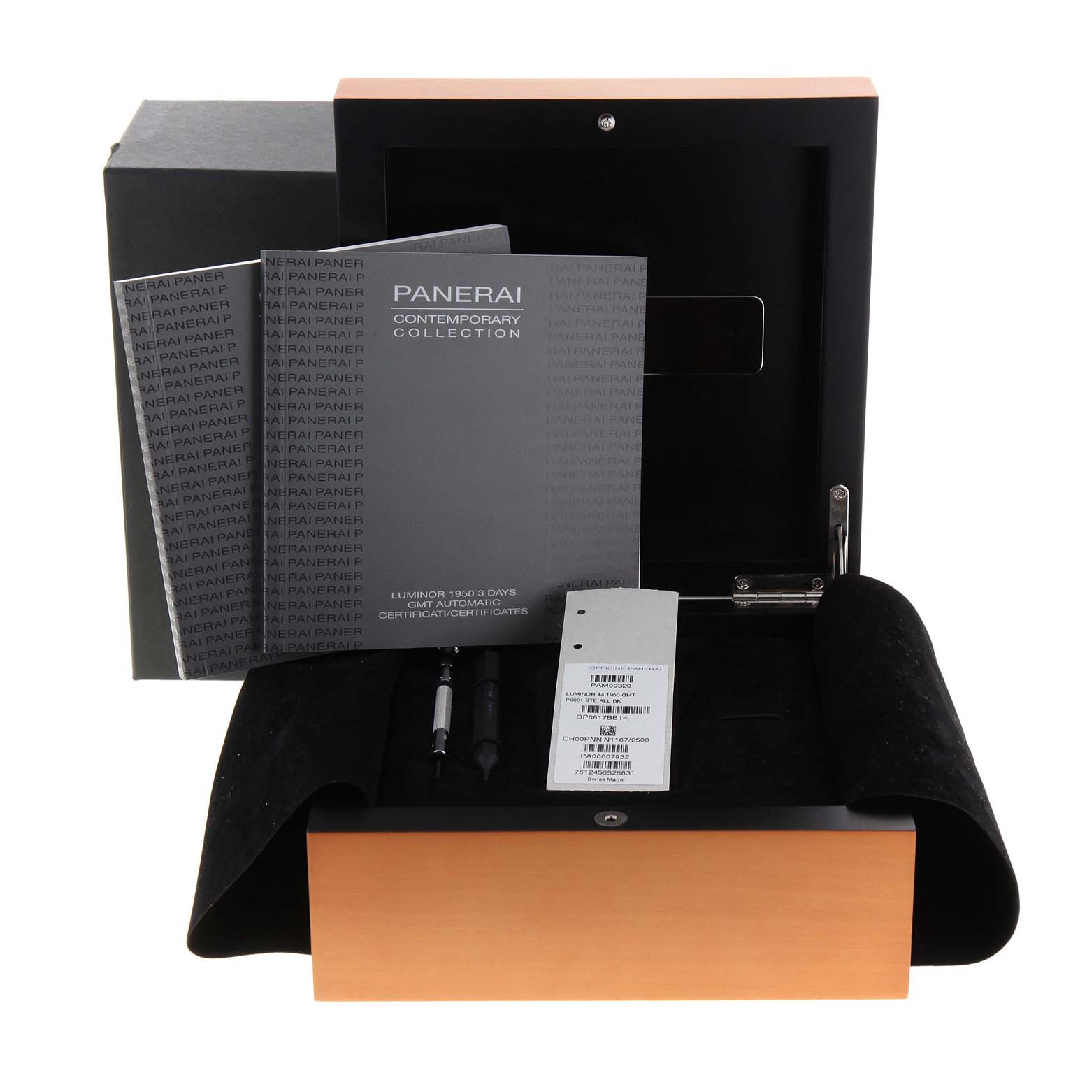 The image shows the packaging, documents, and tools for a Panerai Luminor PAM00320 Men
s Stainless Steel Black Dial PAM00320 Men
s Stainless Steel Black Dial watch, viewed from above.