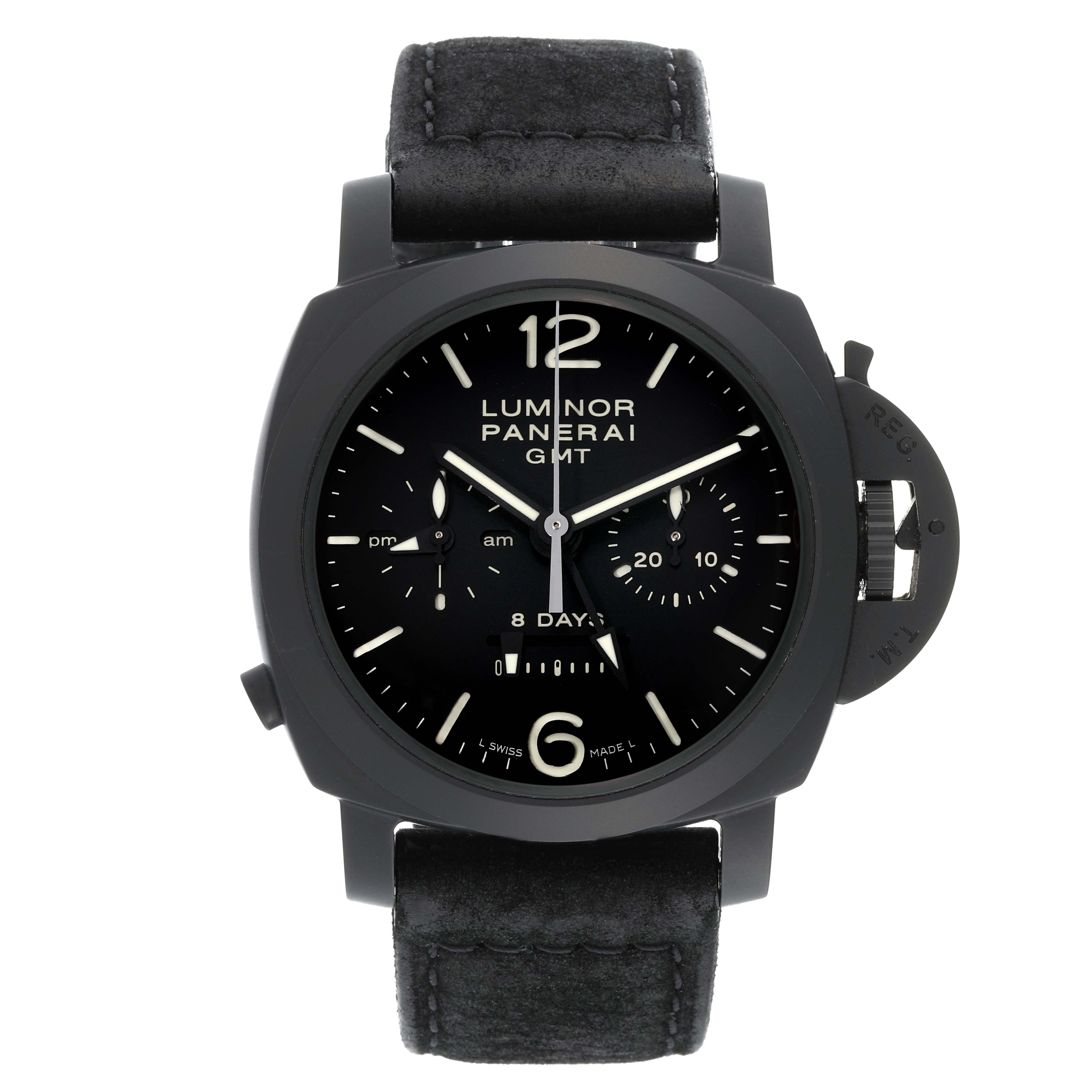 This image shows a frontal view of a Panerai Luminor PAM00317 Men's Ceramic Black Dial PAM00317 Men's Ceramic Black Dial GMT watch, displaying its face, strap, and crown guard.