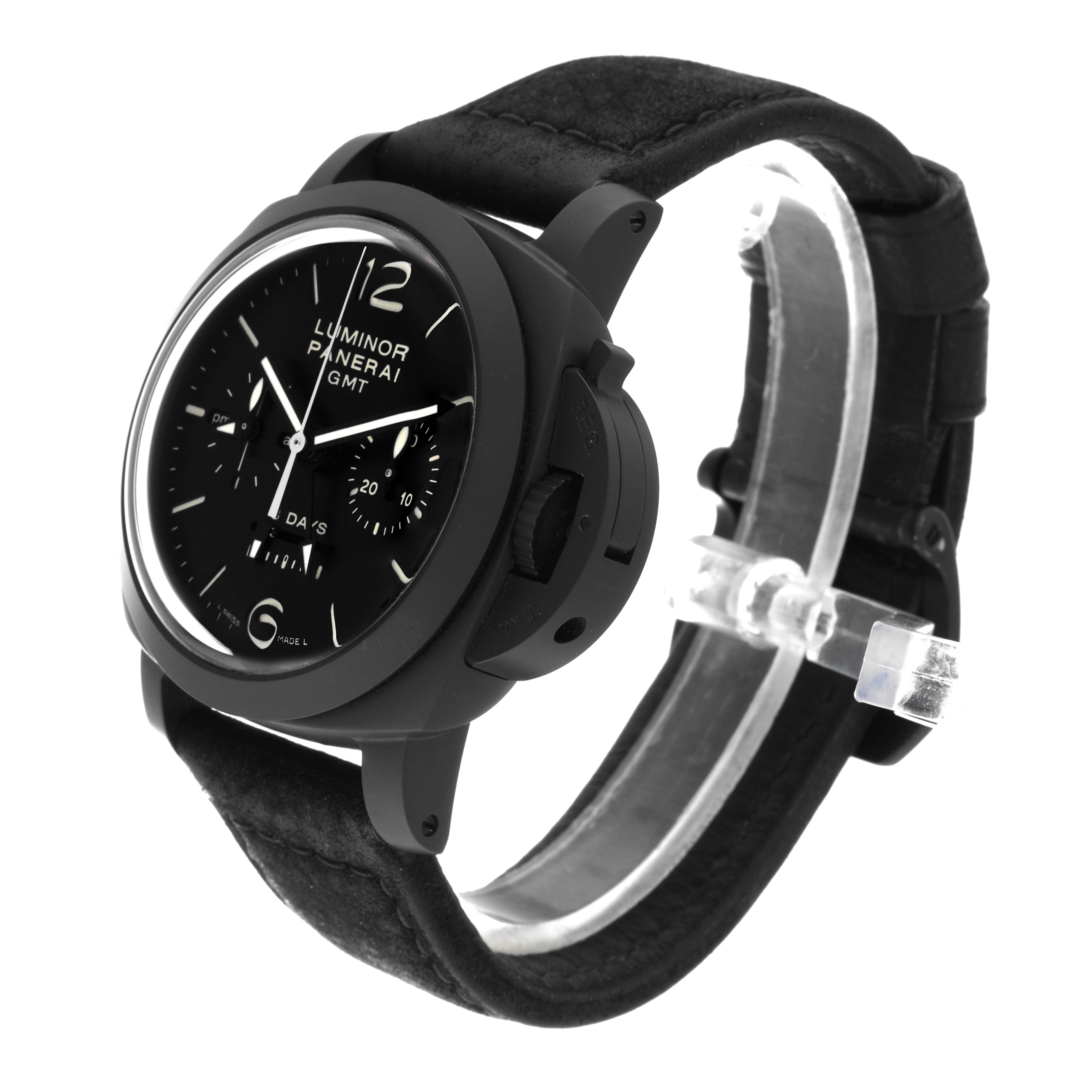 The image shows a Panerai Luminor PAM00317 Men's Ceramic Black Dial PAM00317 Men's Ceramic Black Dial watch at a three-quarter angle highlighting its face, crown guard, and black leather strap.