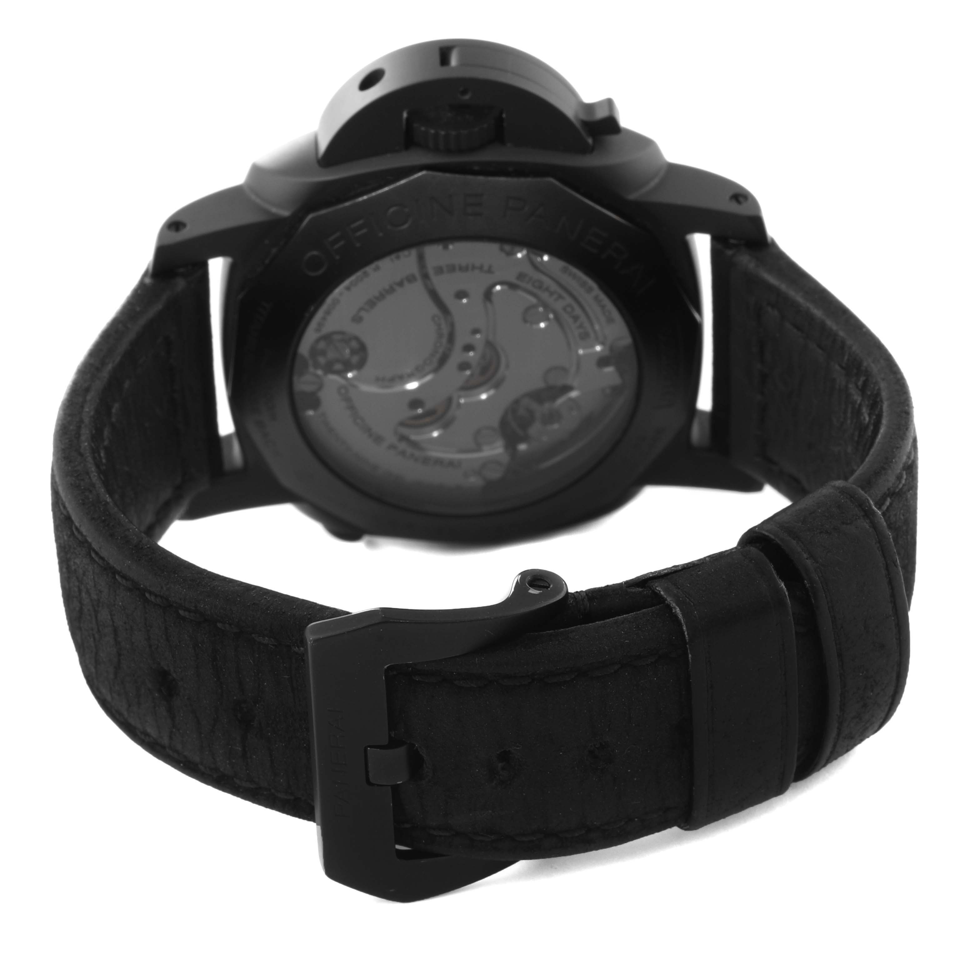 The image shows the back view of a Panerai Luminor PAM00317 Men's Ceramic Black Dial PAM00317 Men's Ceramic Black Dial watch, highlighting its case back and black leather strap with a buckle.