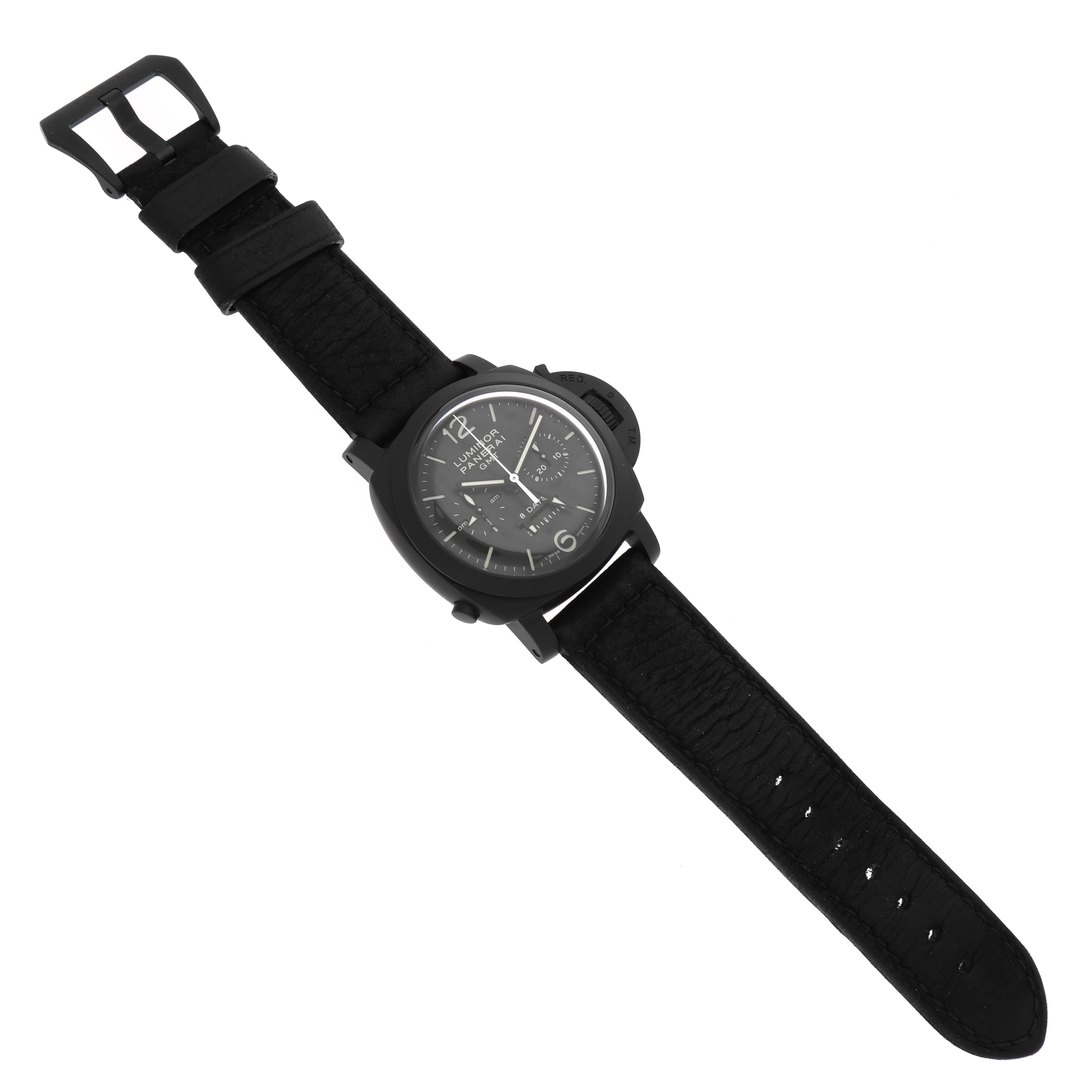 The image displays a Panerai Luminor PAM00317 Men's Ceramic Black Dial PAM00317 Men's Ceramic Black Dial watch from a top-down angle, showing its full strap and face.