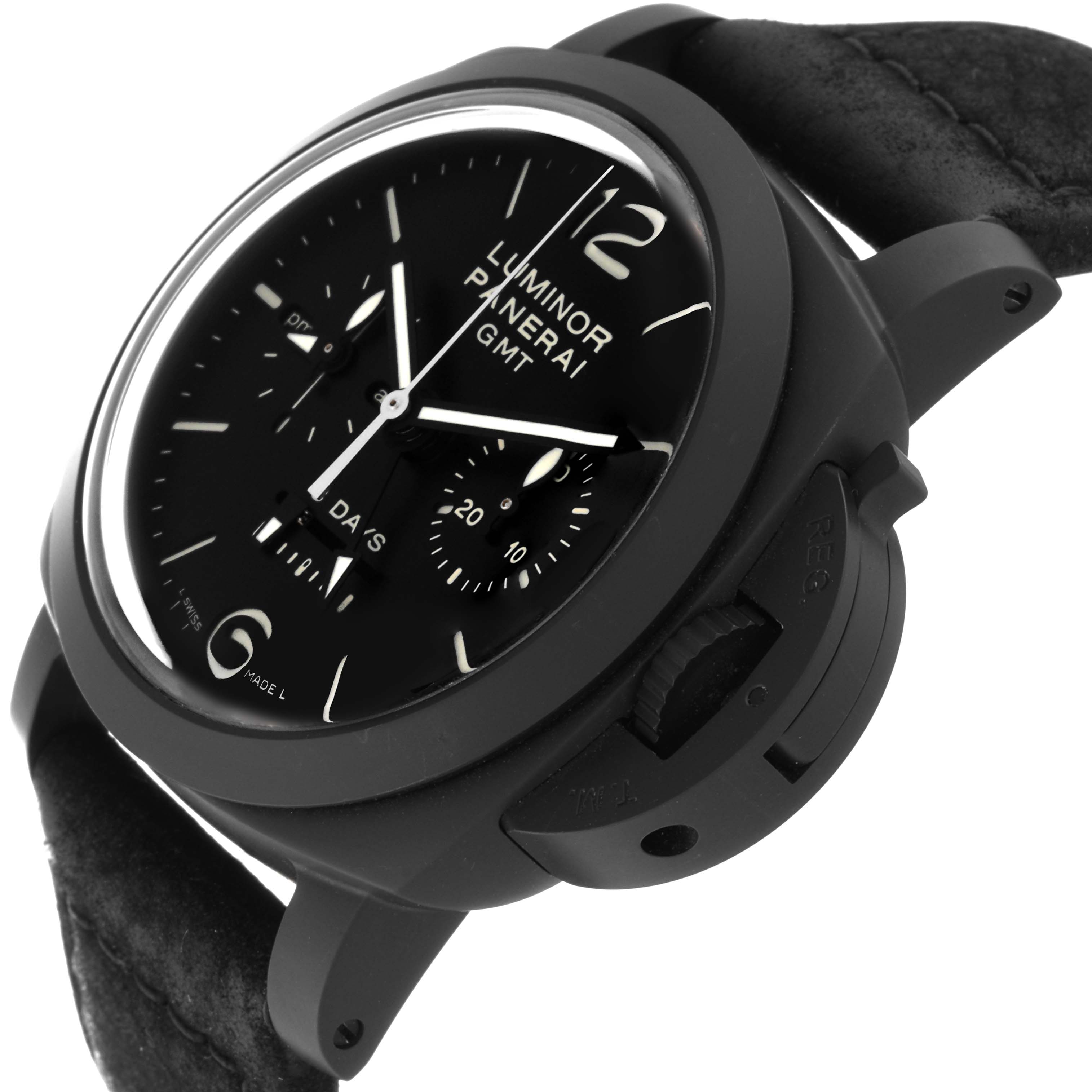 The Panerai Luminor PAM00317 Men's Ceramic Black Dial PAM00317 Men's Ceramic Black Dial watch is displayed at an angle showing the dial, crown guard, and part of the strap.