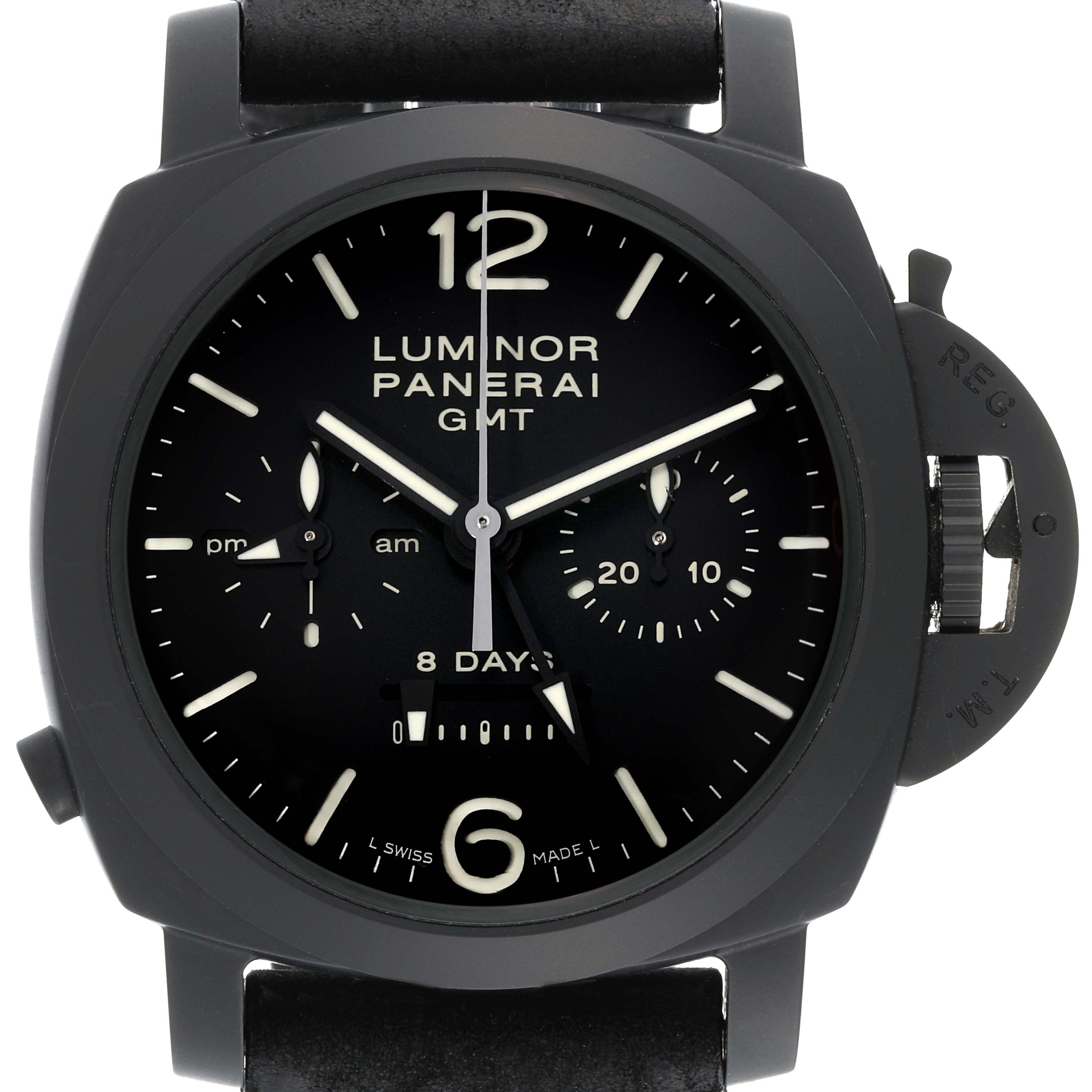 This image displays a front view of the Panerai Luminor PAM00317 Men's Ceramic Black Dial PAM00317 Men's Ceramic Black Dial GMT watch, highlighting its dial, hands, and case.
