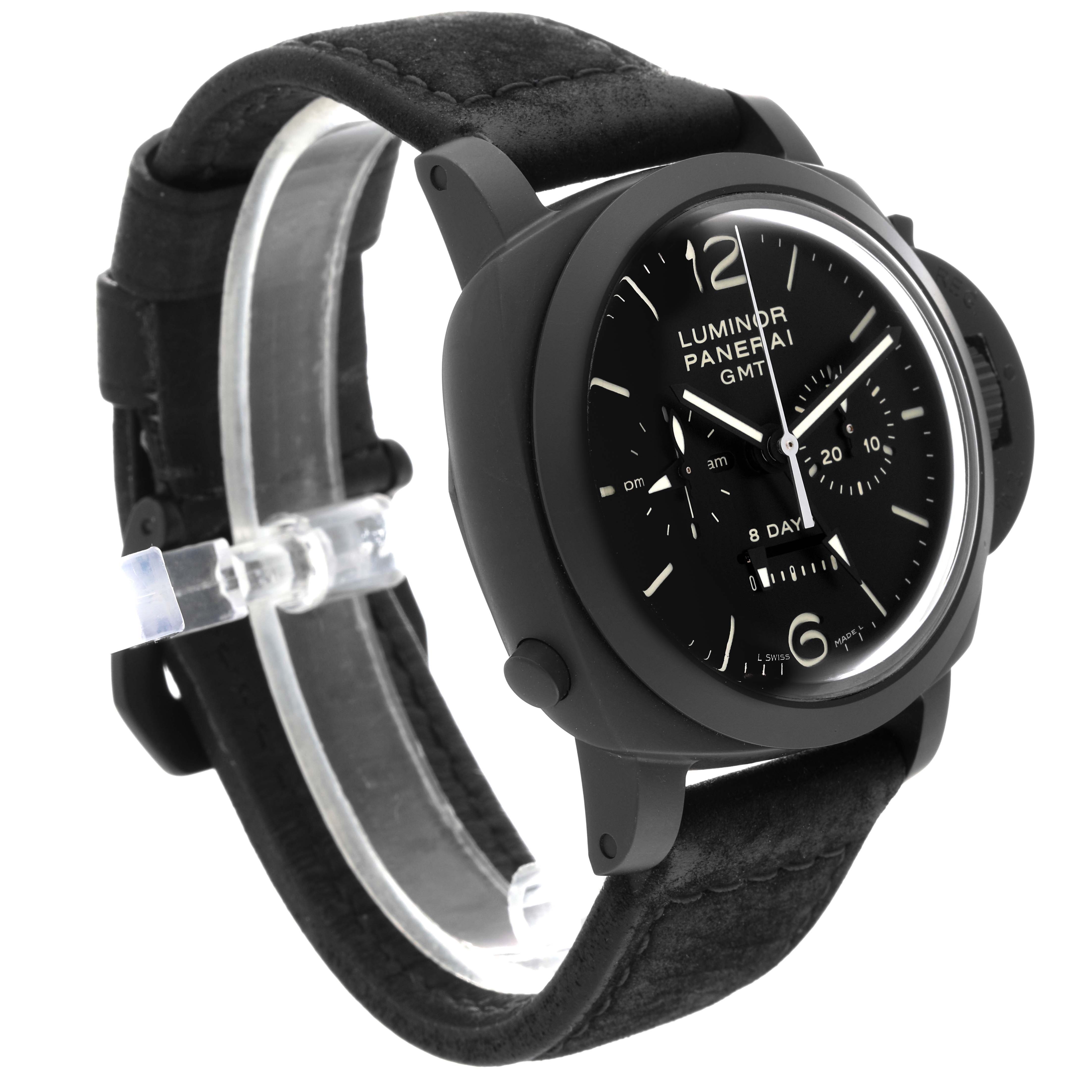 The Panerai Luminor PAM00317 Men's Ceramic Black Dial PAM00317 Men's Ceramic Black Dial watch is shown from an angled front-left view, highlighting the dial, strap, and crown guard.