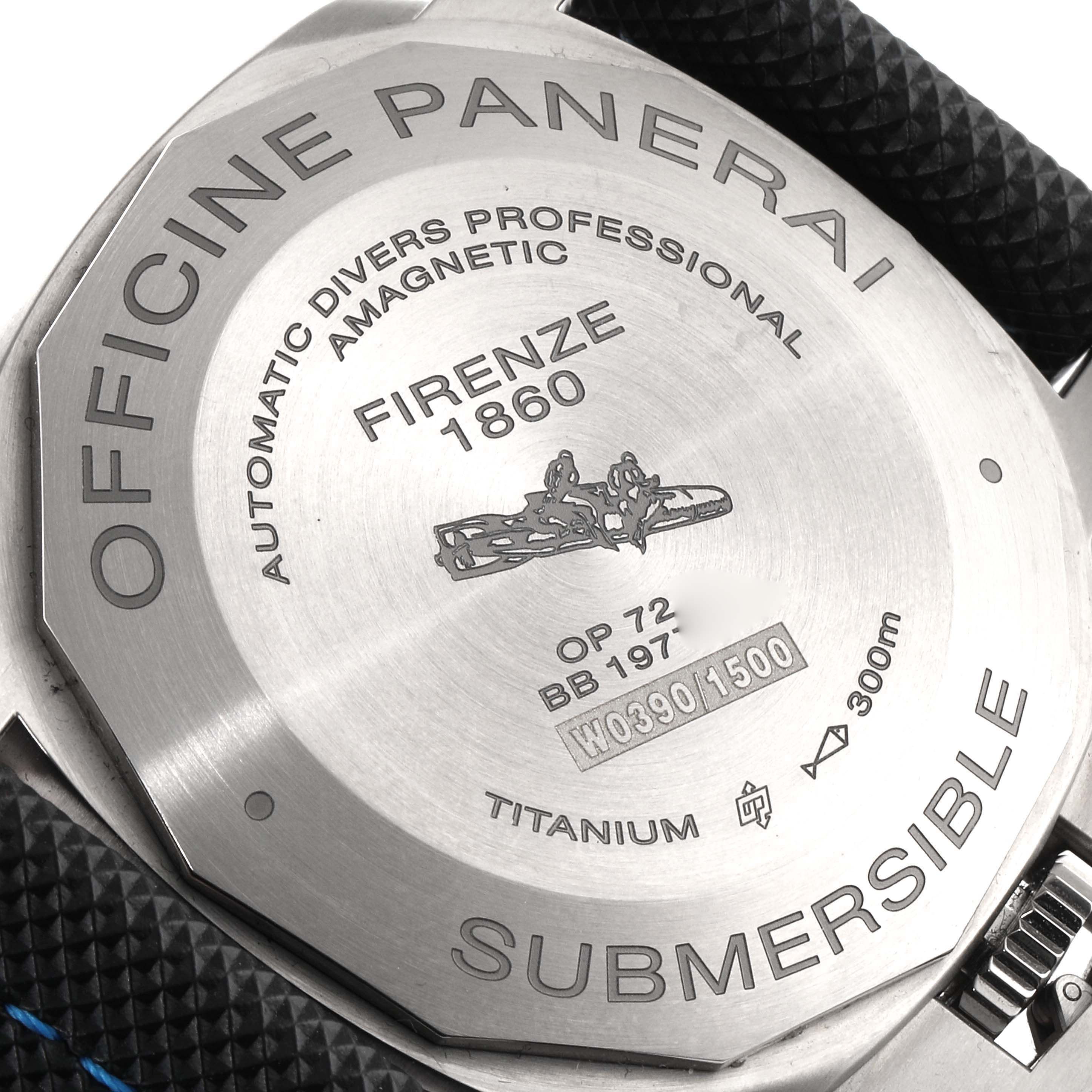 This image shows the back case of a Panerai Submersible PAM01389 Men's Stainless Steel Black Dial PAM01389 Men's Stainless Steel Black Dial watch, highlighting its engravings and material.