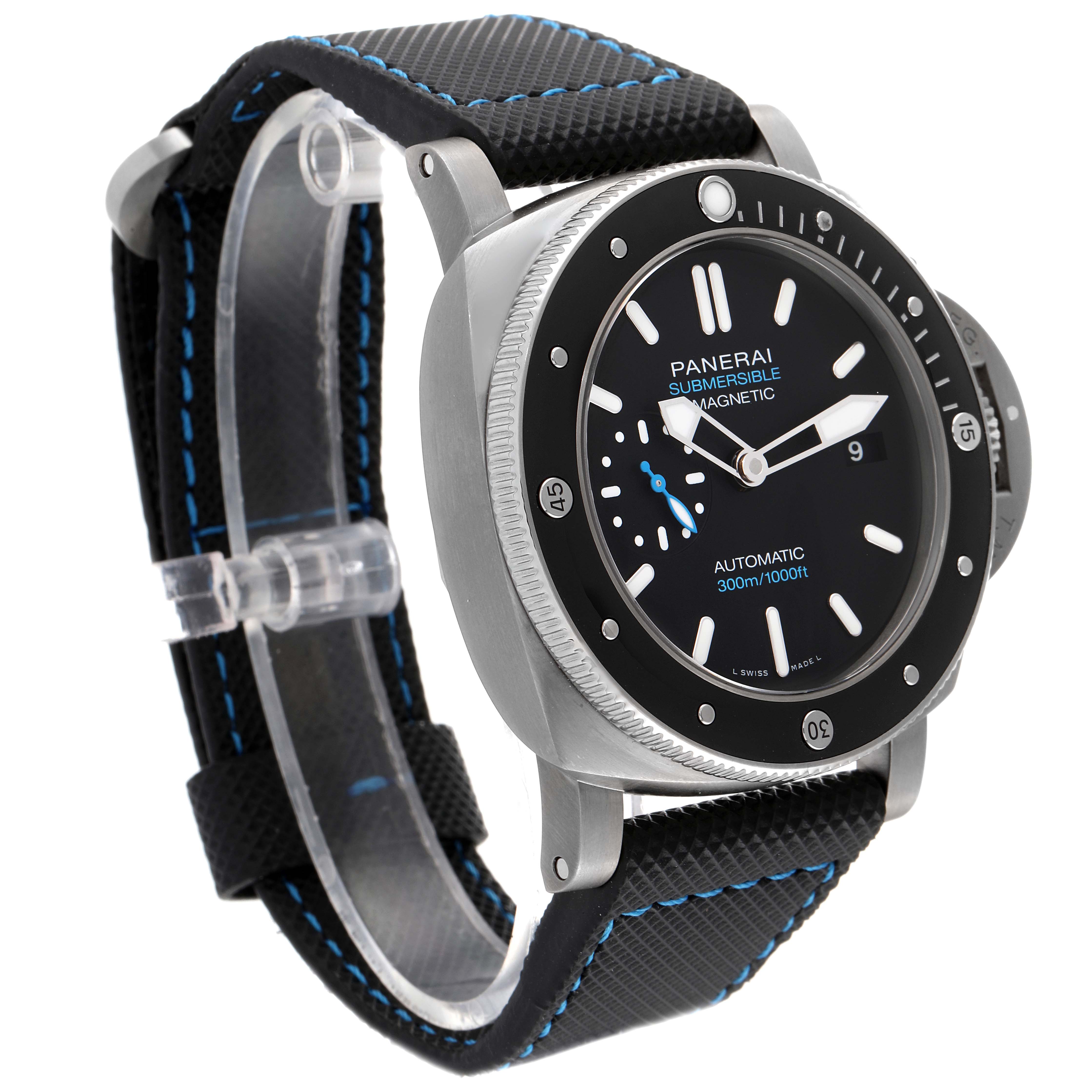 This Panerai Submersible PAM01389 Men's Stainless Steel Black Dial PAM01389 Men's Stainless Steel Black Dial watch is shown at an angle, highlighting the face, bezel, and strap.