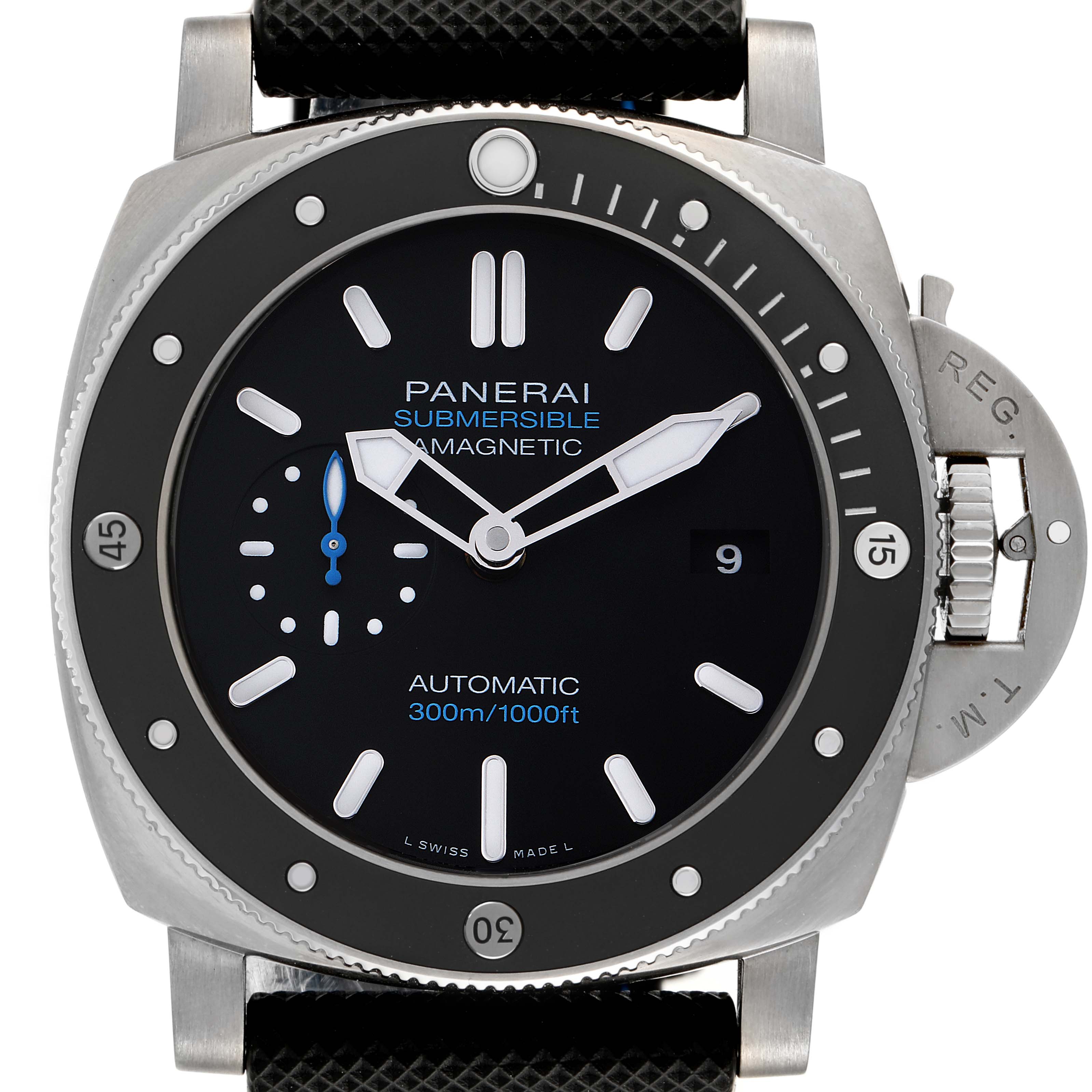 The image shows a front view of the Panerai Submersible PAM01389 Men's Stainless Steel Black Dial PAM01389 Men's Stainless Steel Black Dial watch highlighting its dial, bezel, crown guard, and strap.