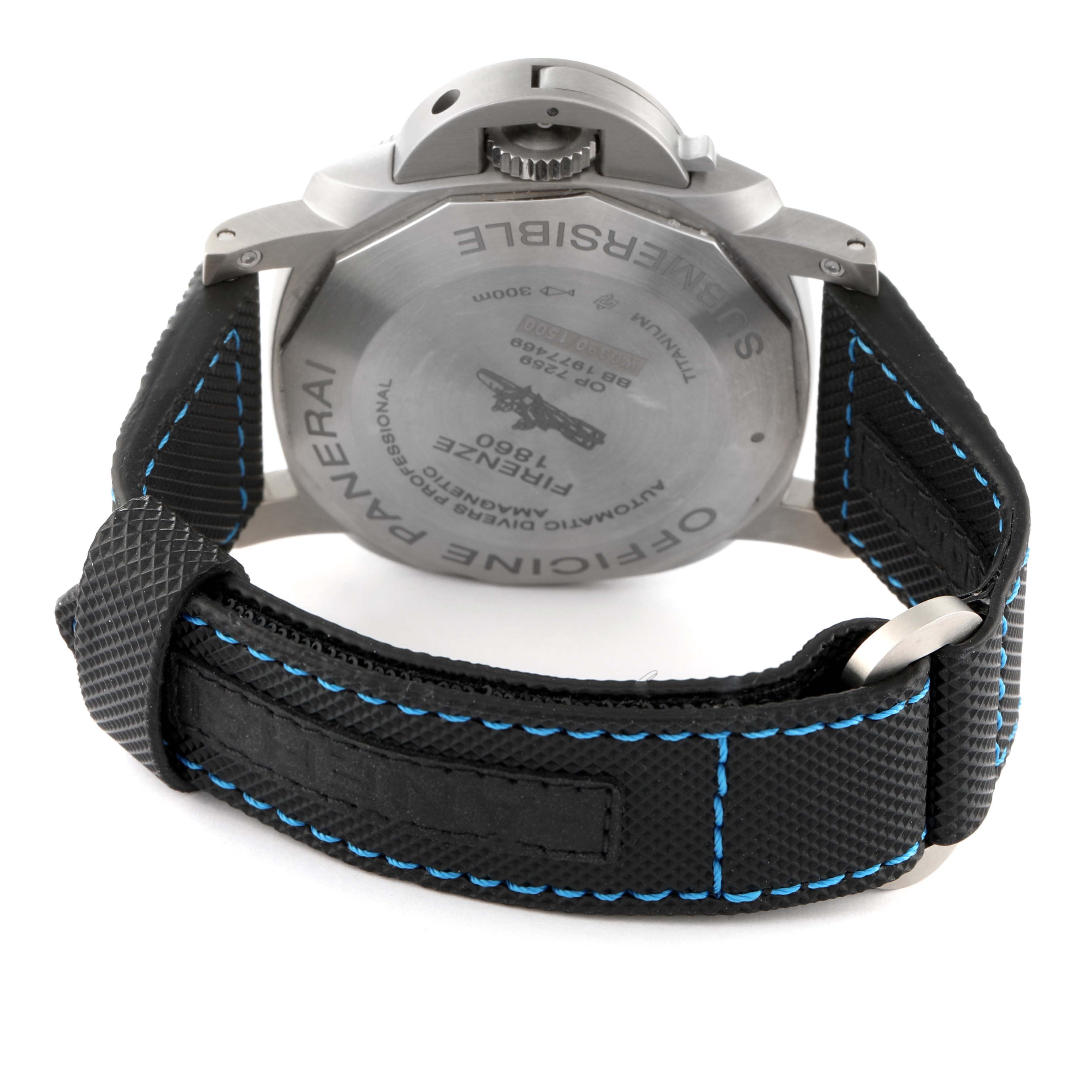 The image shows the back of the Panerai Submersible PAM01389 Men's Stainless Steel Black Dial PAM01389 Men's Stainless Steel Black Dial watch, highlighting the case back and the strap with blue stitching.