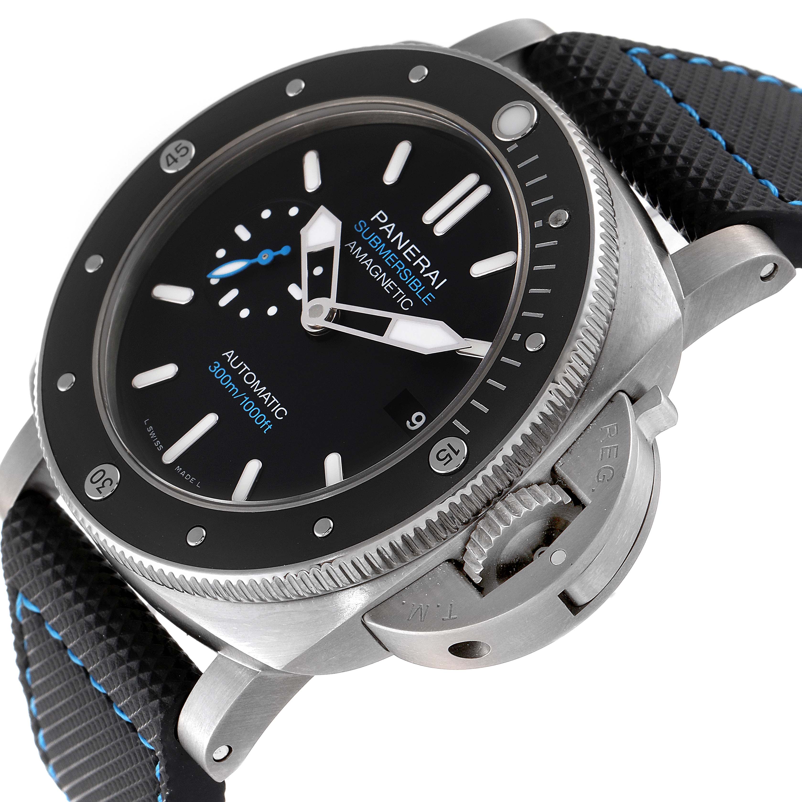 The Panerai Submersible PAM01389 Men's Stainless Steel Black Dial PAM01389 Men's Stainless Steel Black Dial watch is shown at an angle displaying the case, bezel, dial, crown guard, and strap.