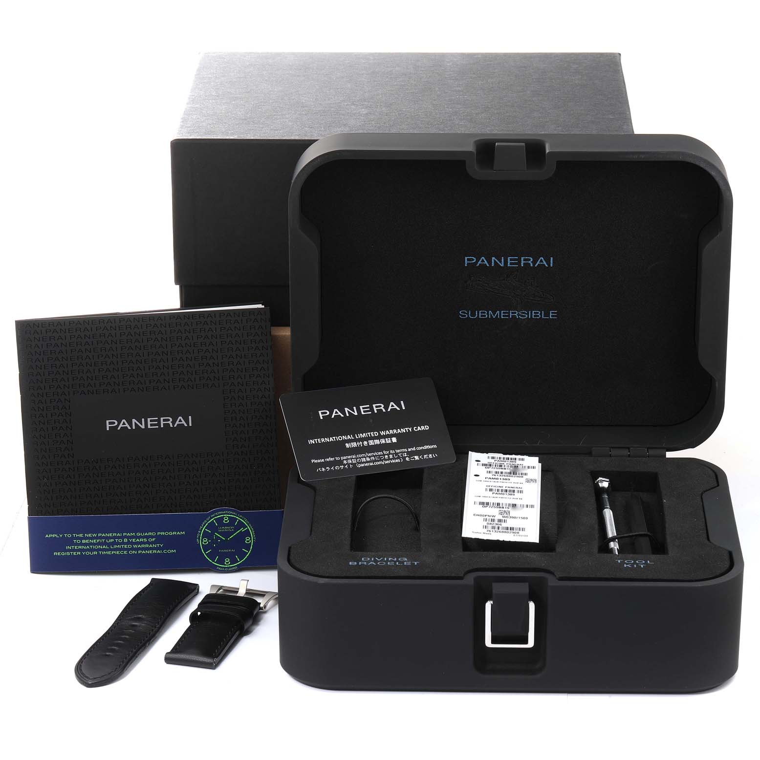 The image shows a Panerai Submersible PAM01389 Men's Stainless Steel Black Dial PAM01389 Men's Stainless Steel Black Dial watch case, warranty card, booklets, and additional watch straps from a front angle.