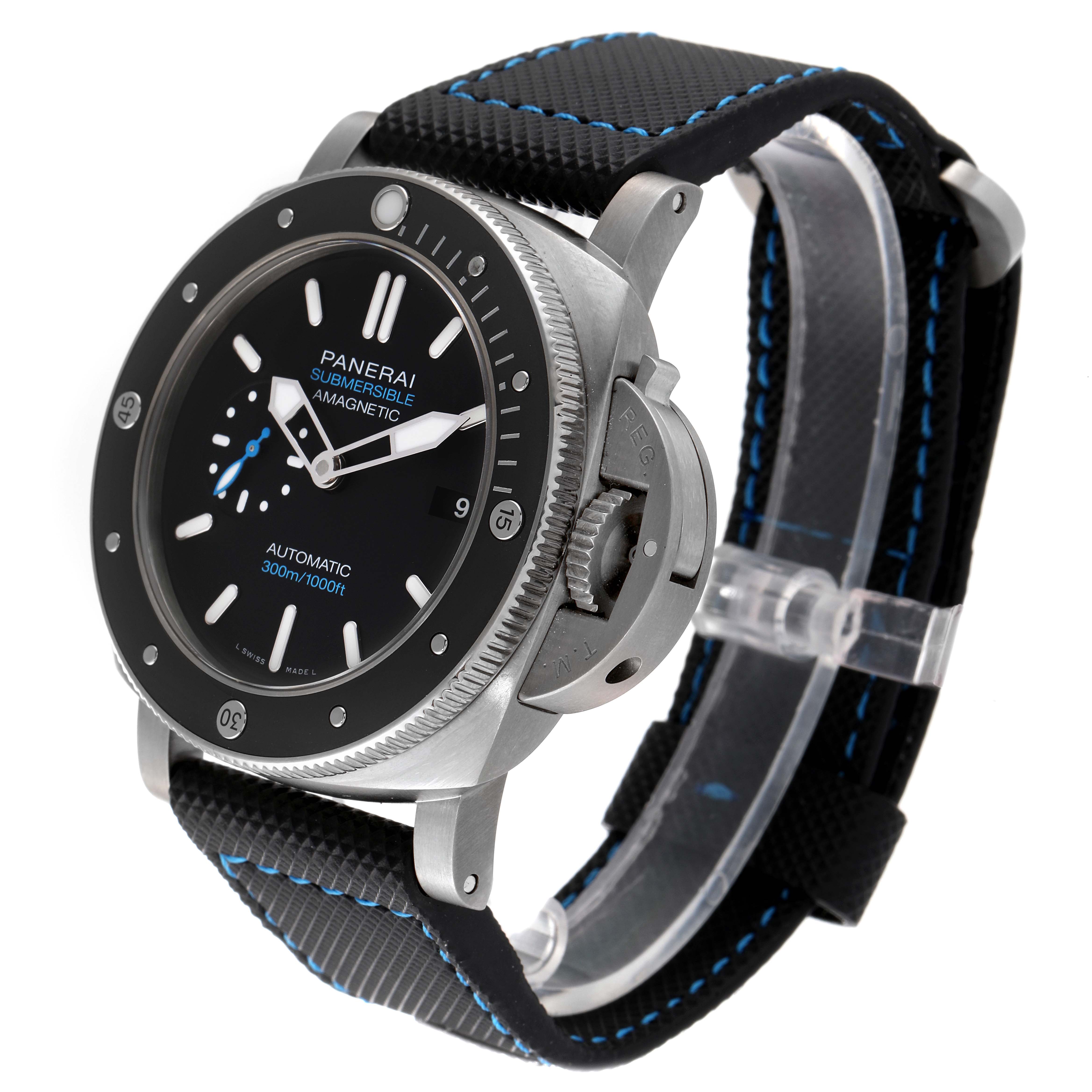 The image shows a Panerai Submersible PAM01389 Men's Stainless Steel Black Dial PAM01389 Men's Stainless Steel Black Dial watch at a three-quarter angle, highlighting the face, bezel, crown guard, and strap.