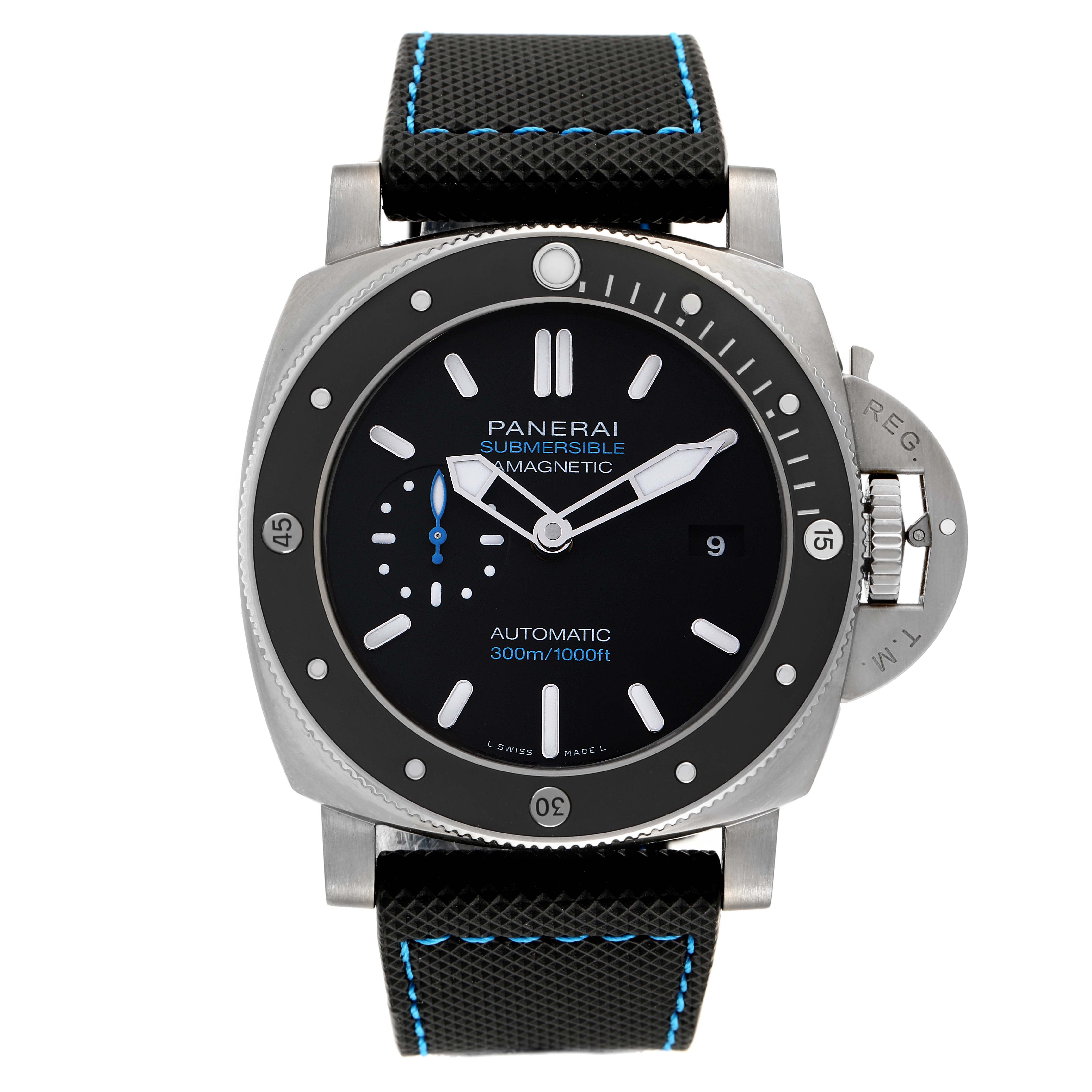 The image shows a front view of the Panerai Submersible PAM01389 Men's Stainless Steel Black Dial PAM01389 Men's Stainless Steel Black Dial watch, highlighting its dial, bezel, and strap.