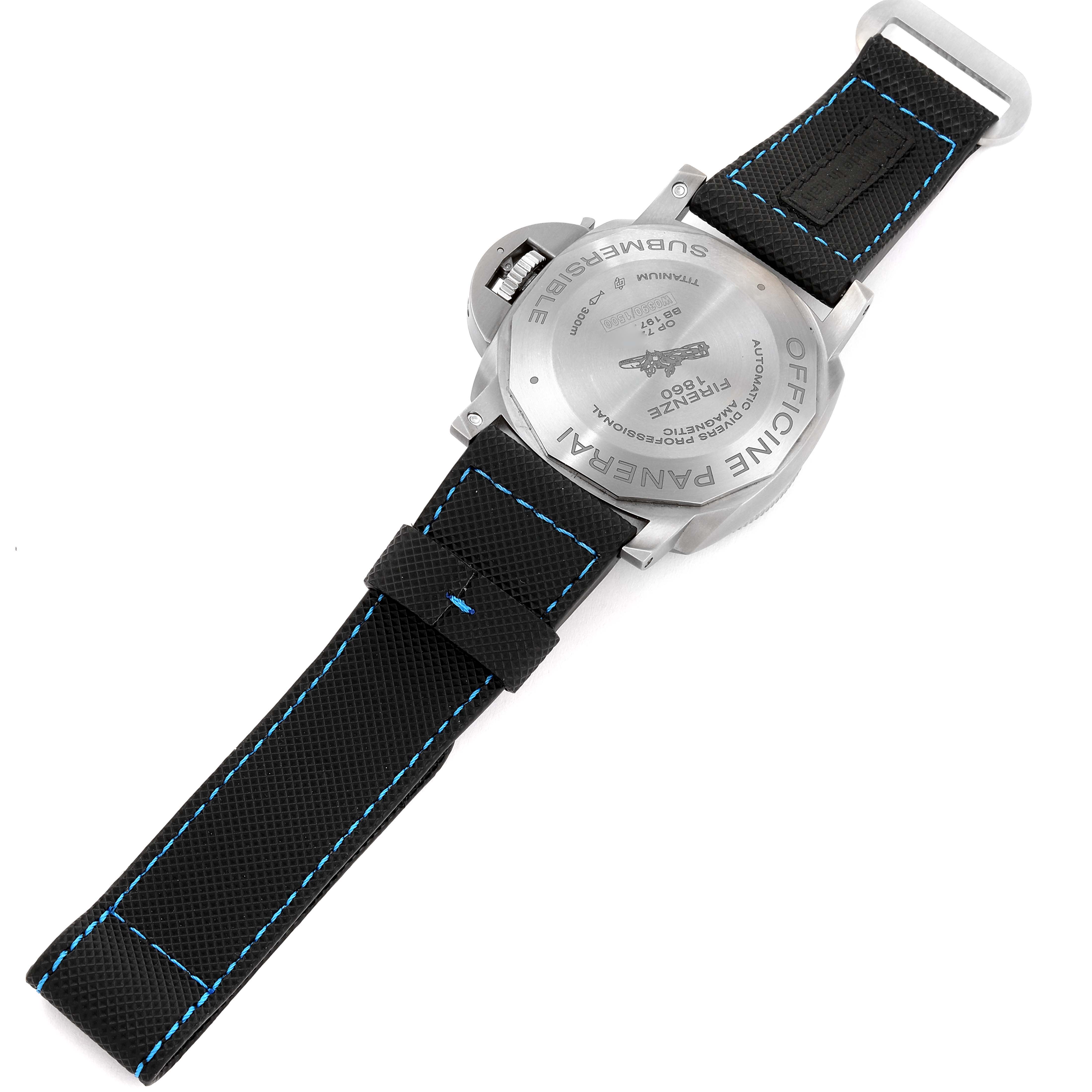 The image shows the back view of a Panerai Submersible PAM01389 Men's Stainless Steel Black Dial PAM01389 Men's Stainless Steel Black Dial watch, displaying the case back and the strap.