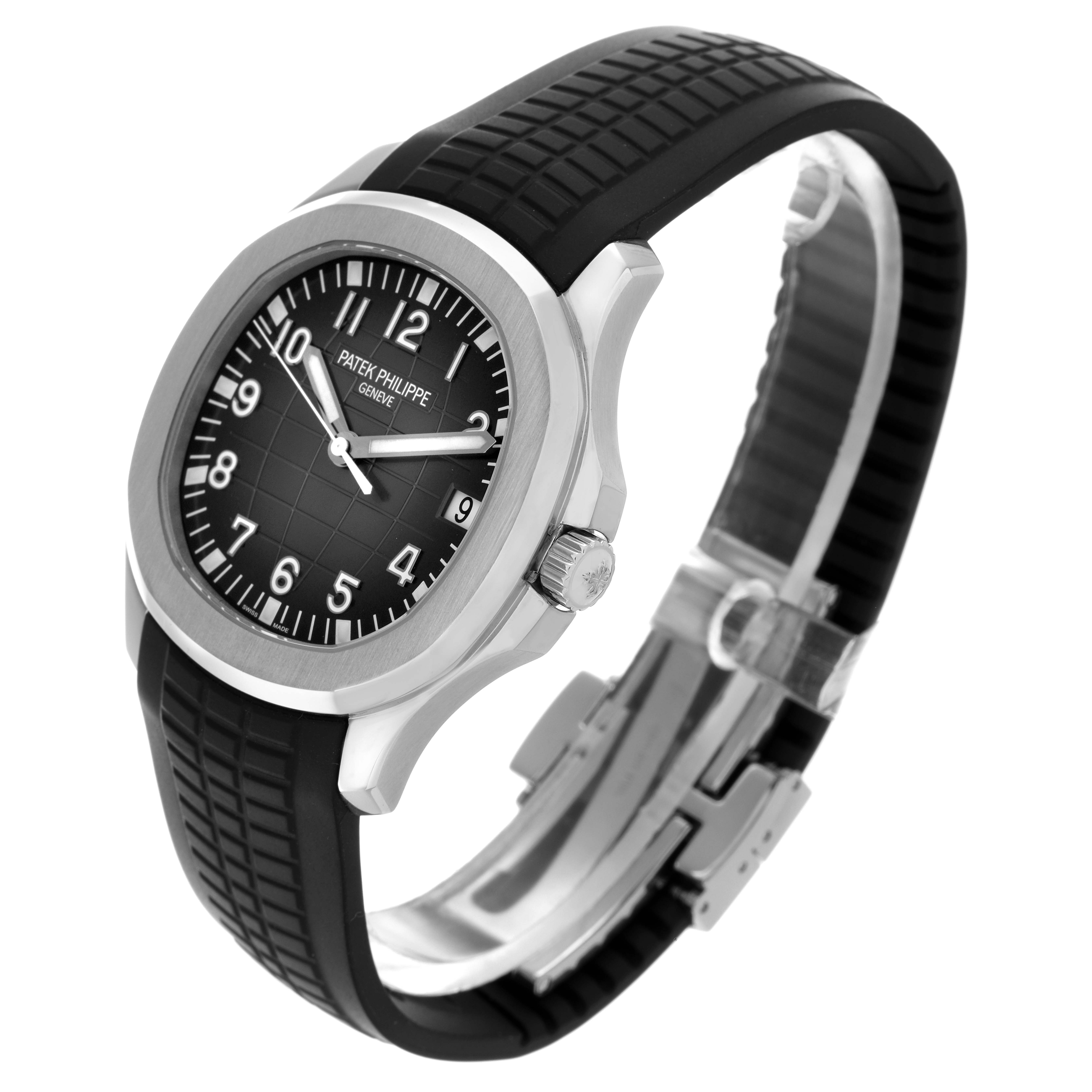 The Patek Philippe Aquanaut 5167A-001 Men
s Stainless Steel Black Dial 5167A-001 Men
s Stainless Steel Black Dial watch is shown at a three-quarter angle displaying the face, crown, and black rubber strap.