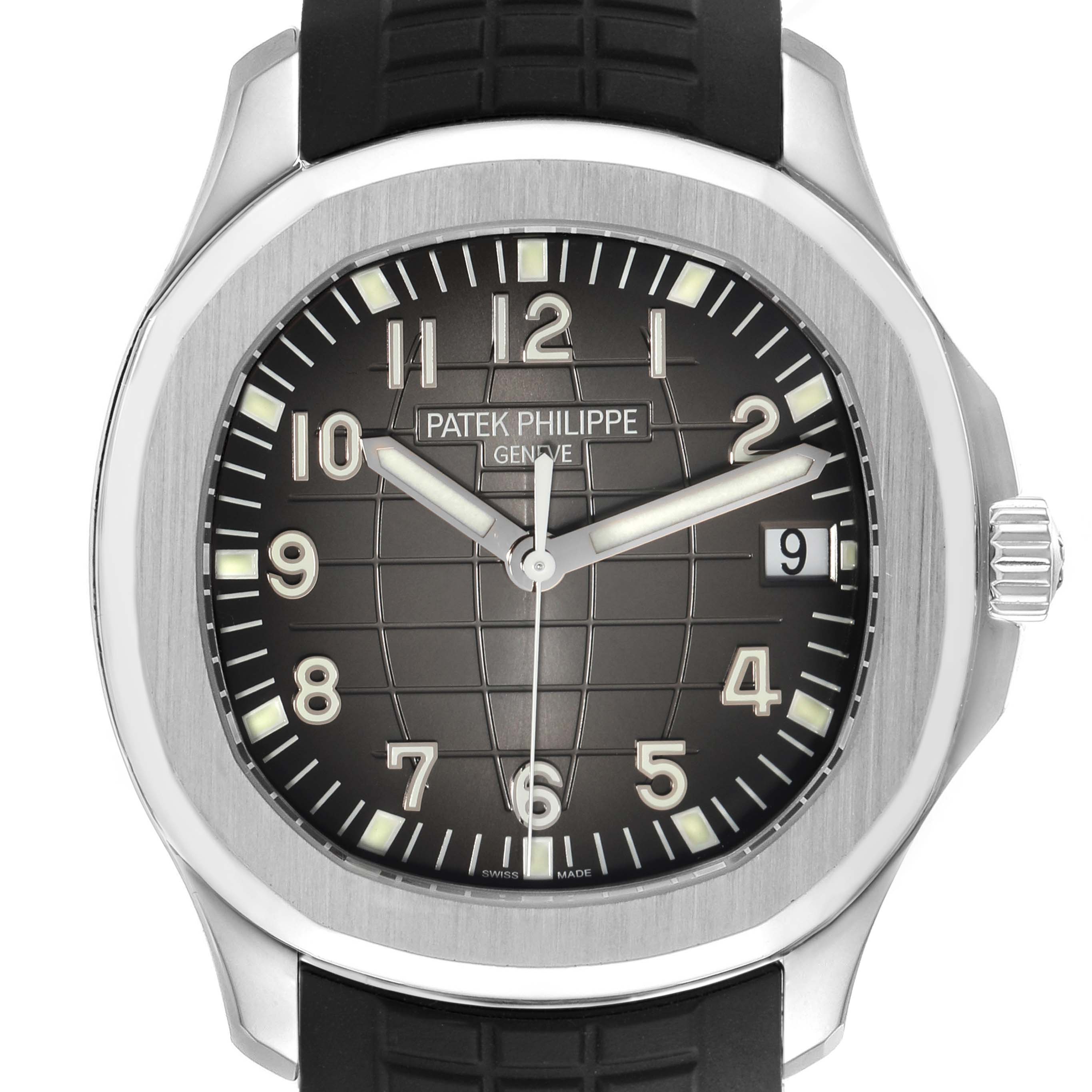 The Patek Philippe Aquanaut 5167A-001 Men
s Stainless Steel Black Dial 5167A-001 Men
s Stainless Steel Black Dial watch is shown from the front, displaying the dial, bezel, and part of the strap.
