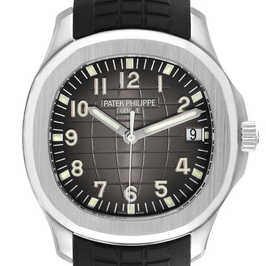 The Patek Philippe Aquanaut watch is shown from the front, displaying the dial, bezel, and part of the strap.