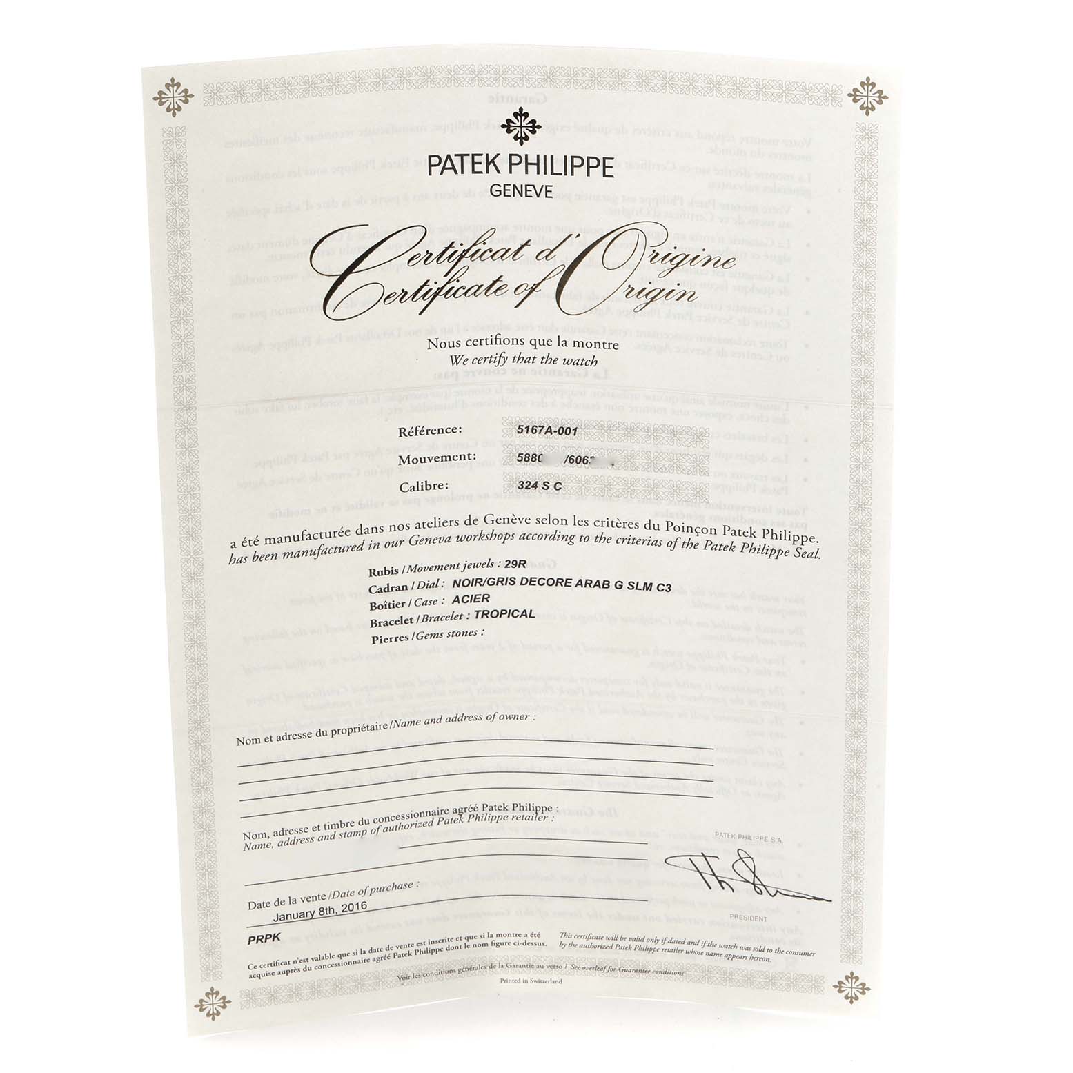 The image shows a Patek Philippe Aquanaut 5167A-001 Men
s Stainless Steel Black Dial 5167A-001 Men
s Stainless Steel Black Dial Certificate of Origin, angled slightly from the left.