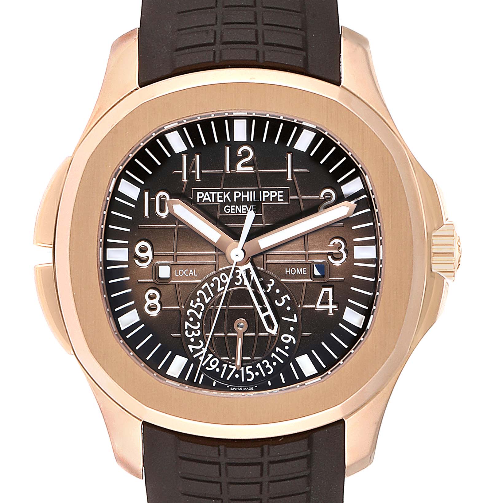 This is a front view of the Patek Philippe Aquanaut 5164R Men's Rose Gold Brown Dial 5164R Men's Rose Gold Brown Dial watch, showing the dial and a black rubber strap.