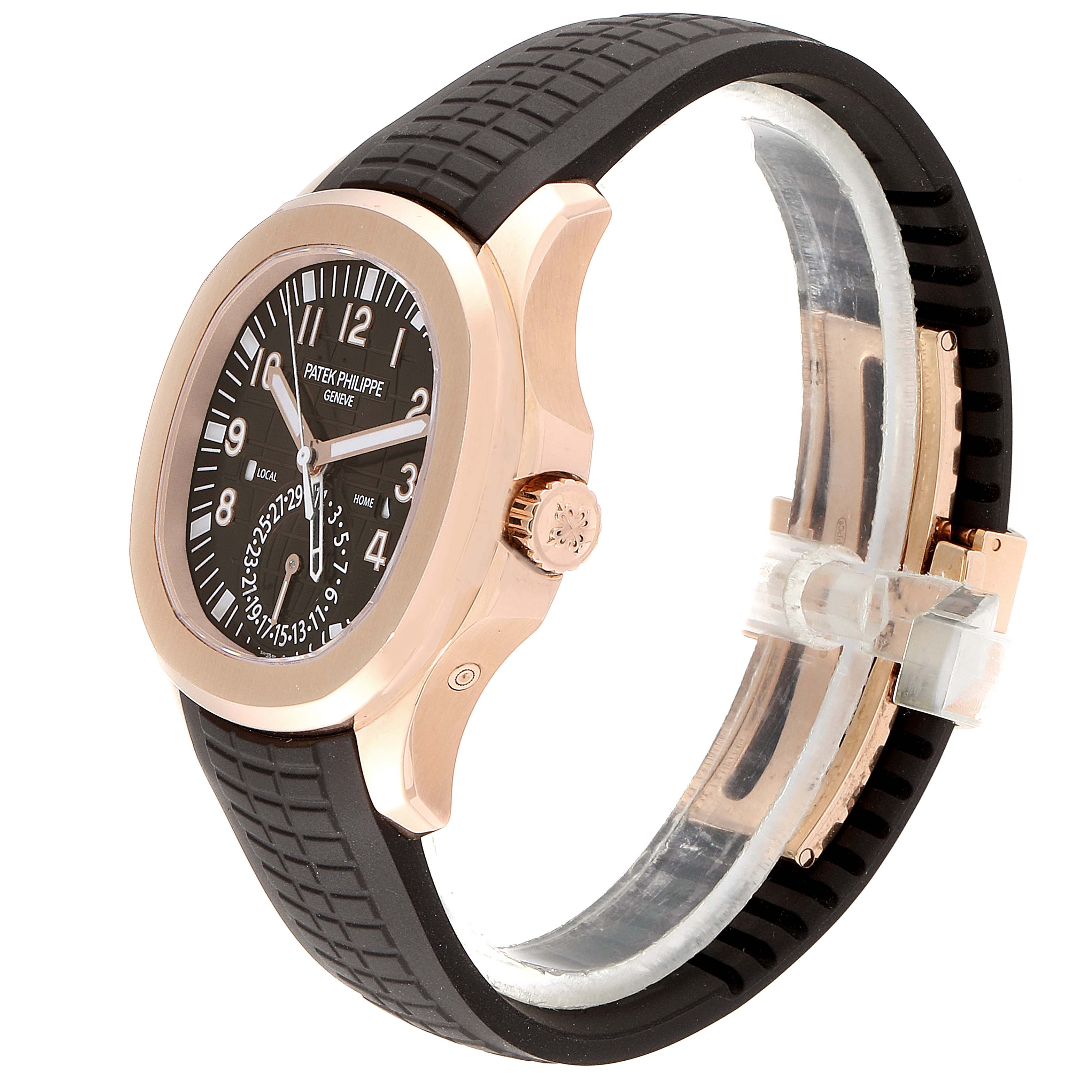 The image shows a side angle of the Patek Philippe Aquanaut 5164R Men's Rose Gold Brown Dial 5164R Men's Rose Gold Brown Dial watch, highlighting its case, crown, and black rubber strap.