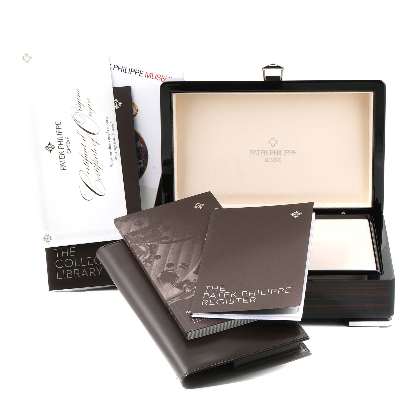 The image shows the box, booklets, and leather pouch for a Patek Philippe Aquanaut 5164R Men's Rose Gold Brown Dial 5164R Men's Rose Gold Brown Dial watch, viewed from a front angle.