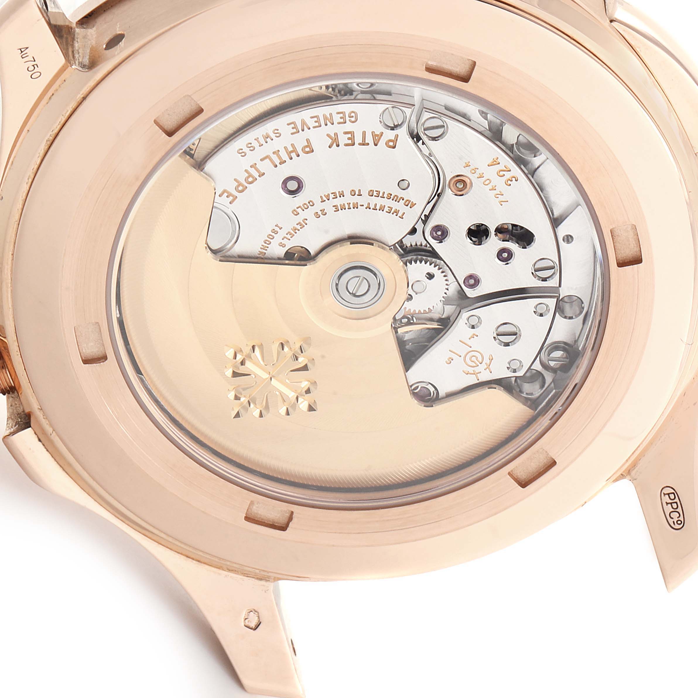 This image shows the back view of the Patek Philippe Aquanaut 5164R Men's Rose Gold Brown Dial 5164R Men's Rose Gold Brown Dial watch, highlighting its intricate movement and rotor.