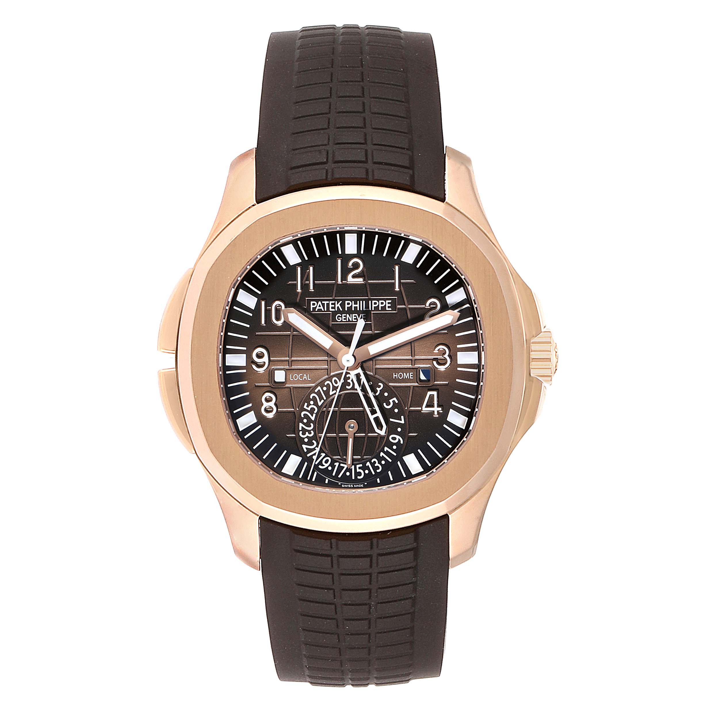 The image shows a front view of the Patek Philippe Aquanaut 5164R Men's Rose Gold Brown Dial 5164R Men's Rose Gold Brown Dial watch, highlighting its dial, case, and strap.