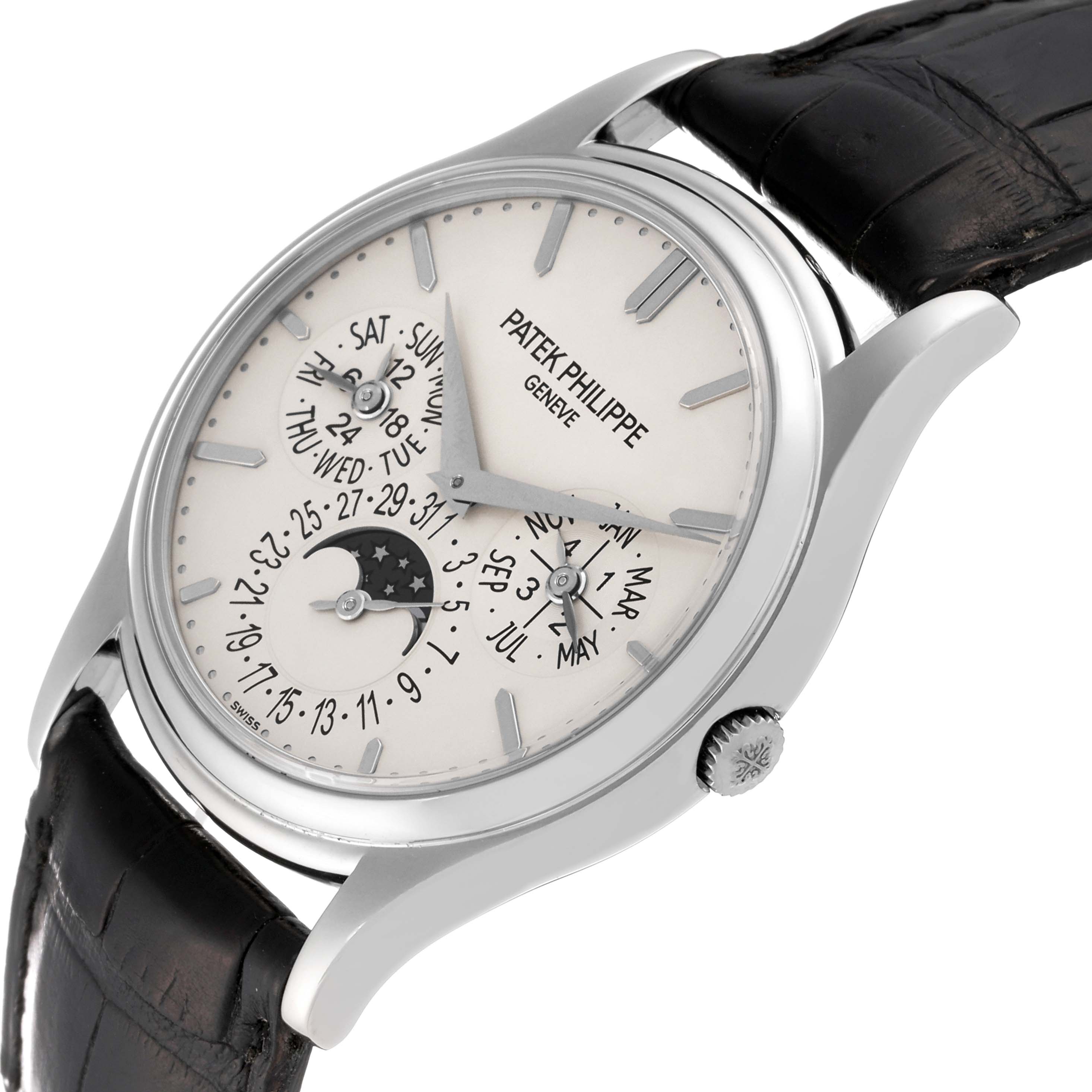 The Patek Philippe Calatrava 5140G-001 Men
s White Gold Silver Dial 5140G-001 Men
s White Gold Silver Dial watch is shown at a slight angle, displaying the face, crown, and part of the leather strap.