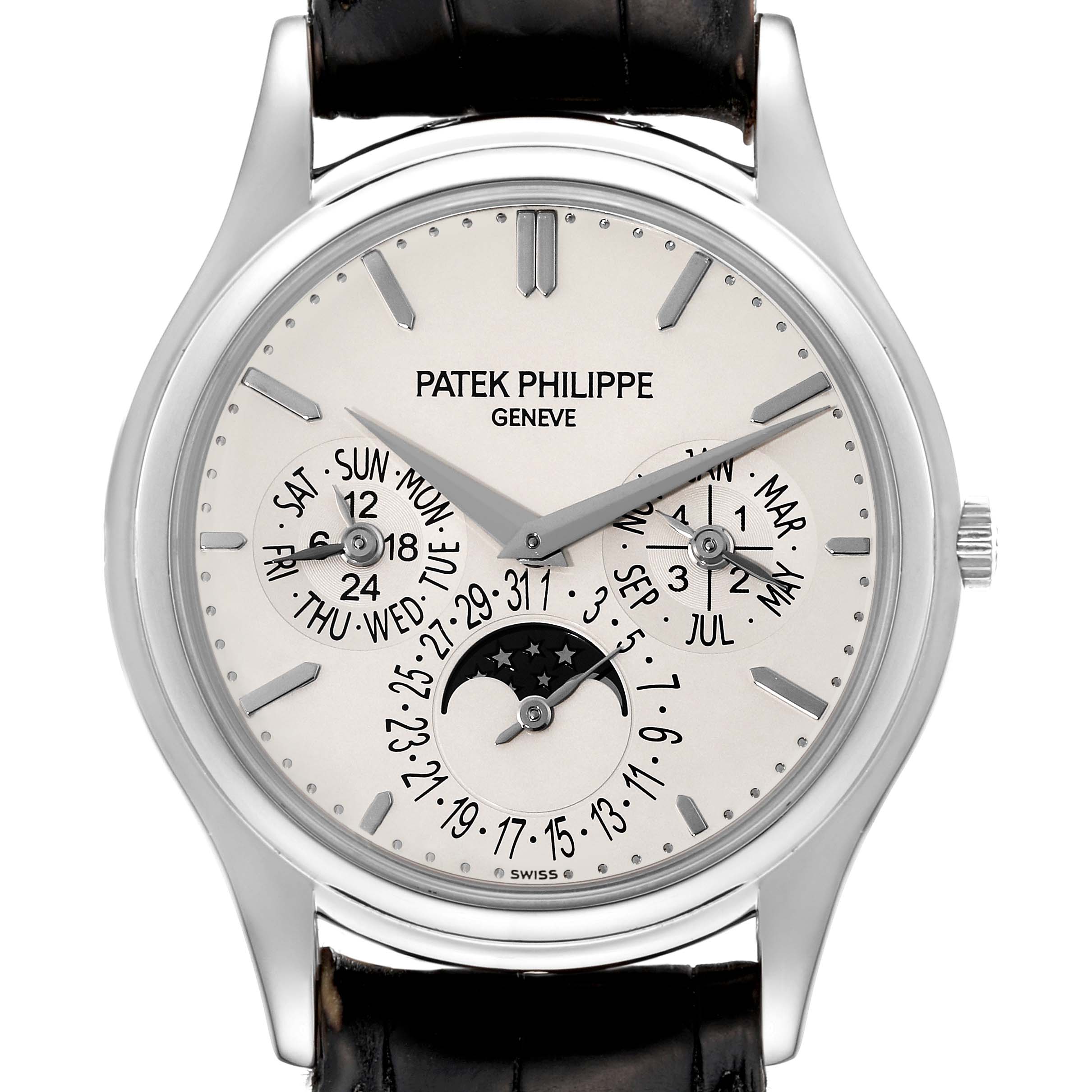This image shows a front view of a Patek Philippe Calatrava 5140G-001 Men
s White Gold Silver Dial 5140G-001 Men
s White Gold Silver Dial watch, displaying its face, hands, and all complications.