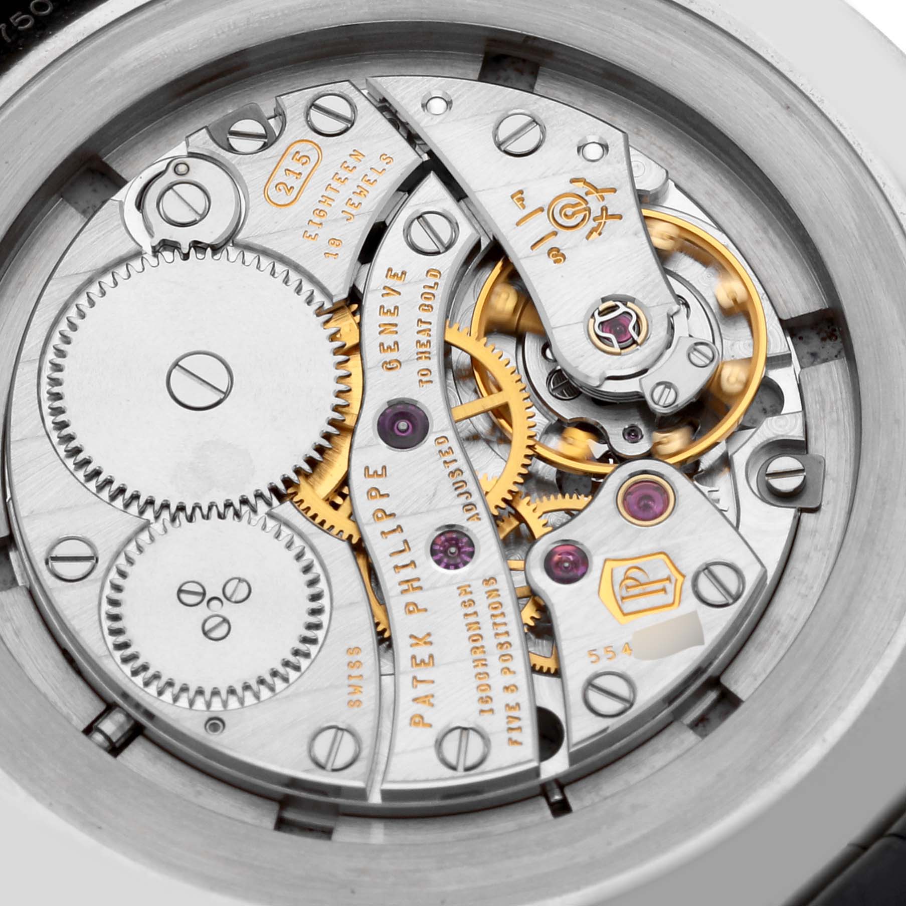 This image shows the intricate mechanical movement from the back view of the Patek Philippe Calatrava 5116G Men
s White Gold White Dial 5116G Men
s White Gold White Dial watch.