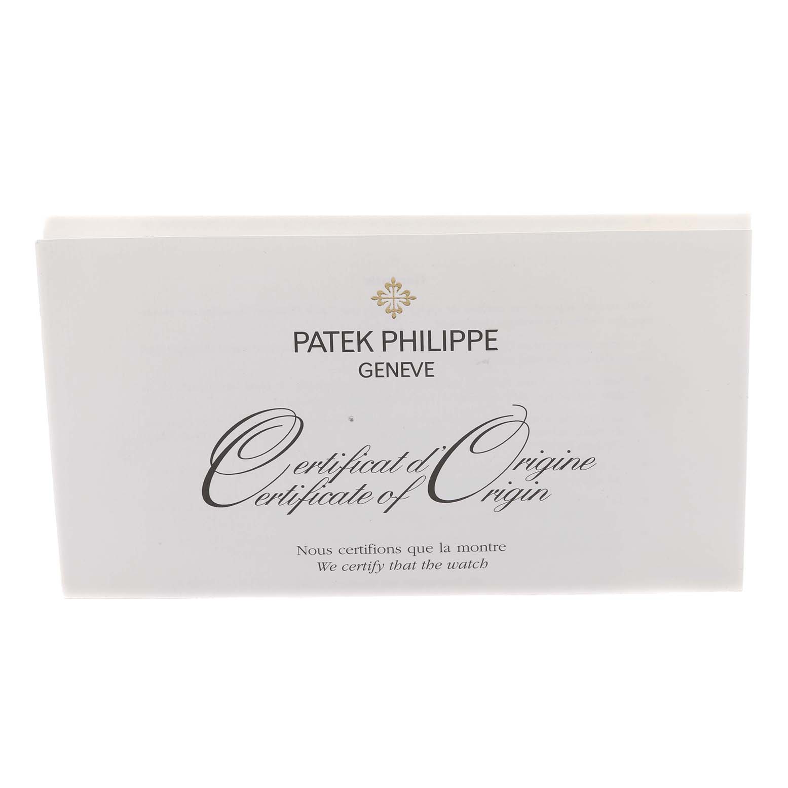 The image shows the Certificate of Origin for the Calatrava model by Patek Philippe, photographed from the front.