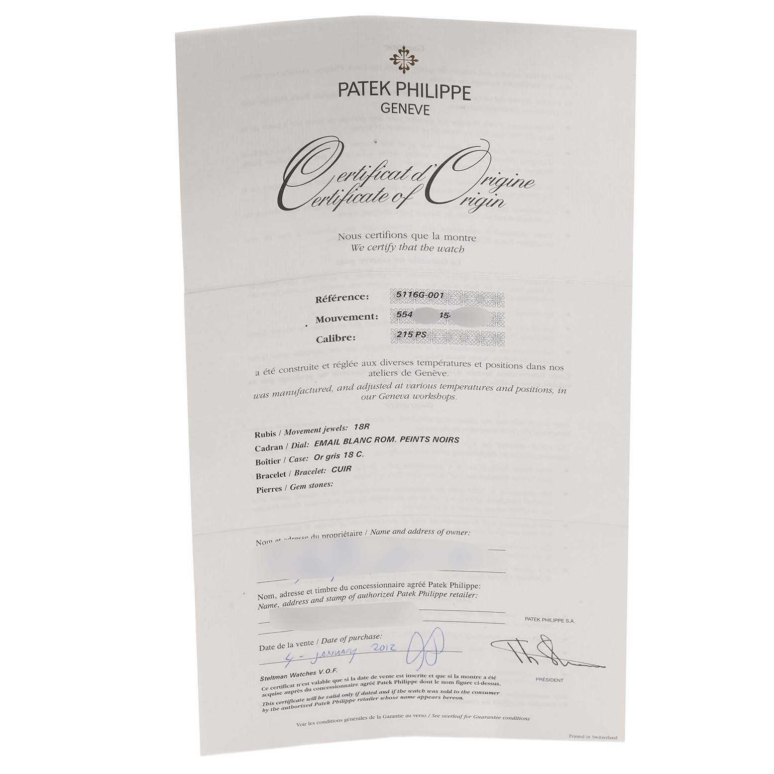 The image shows the Patek Philippe Calatrava 5116G Men
s White Gold White Dial 5116G Men
s White Gold White Dial model
s Certificate of Origin, detailing reference, movement, and caliber.