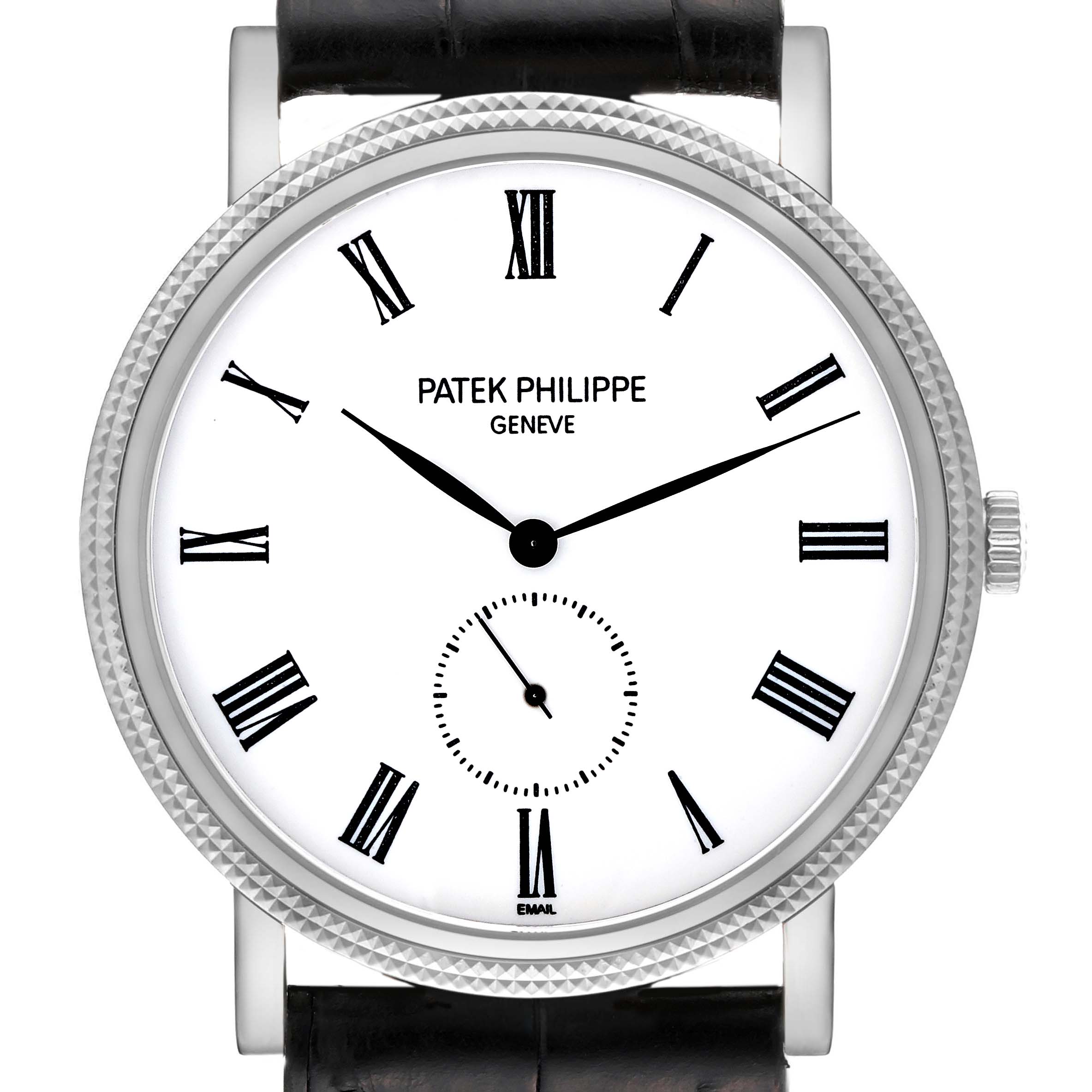 The image shows a front view of the Patek Philippe Calatrava 5116G Men
s White Gold White Dial 5116G Men
s White Gold White Dial watch, displaying the dial, bezel, crown, and strap connection.