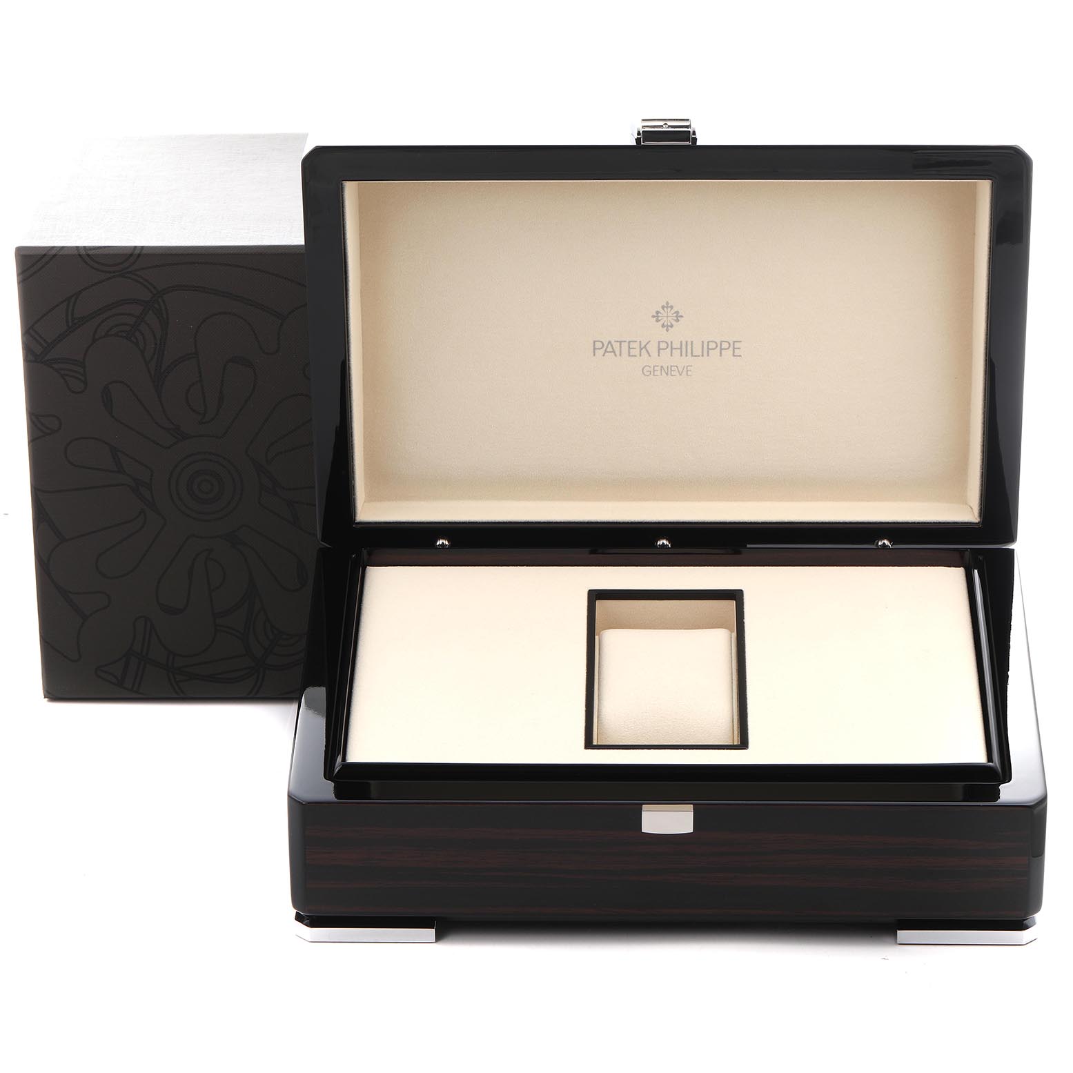 The image shows an open Patek Philippe Complications 5172G-001 Men
s White Gold Blue Dial 5172G-001 Men
s White Gold Blue Dial watch box with an interior cushion and an outer decorative box.