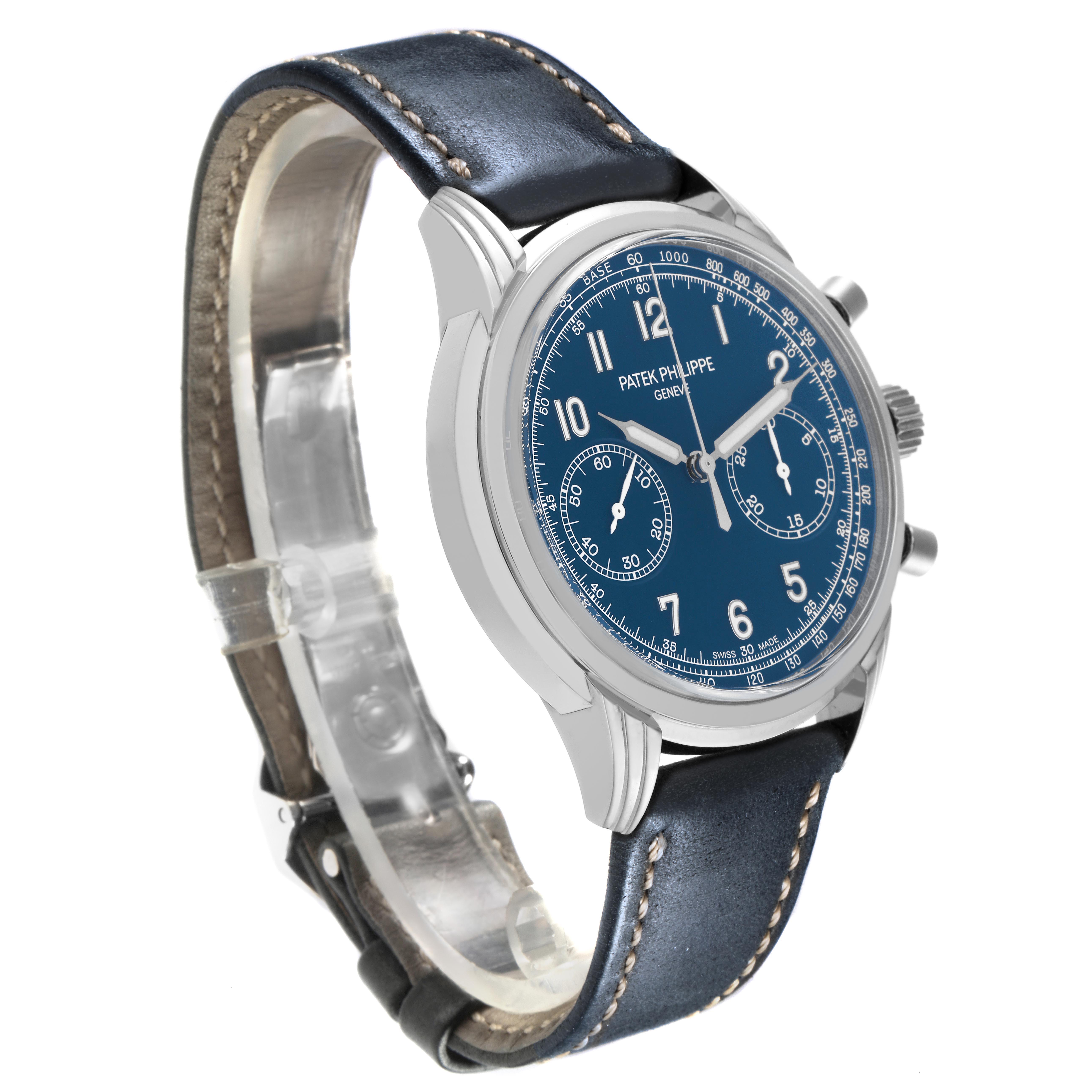 The Patek Philippe Complications 5172G-001 Men
s White Gold Blue Dial 5172G-001 Men
s White Gold Blue Dial model is shown at a three-quarter angle, highlighting the blue dial and leather strap.