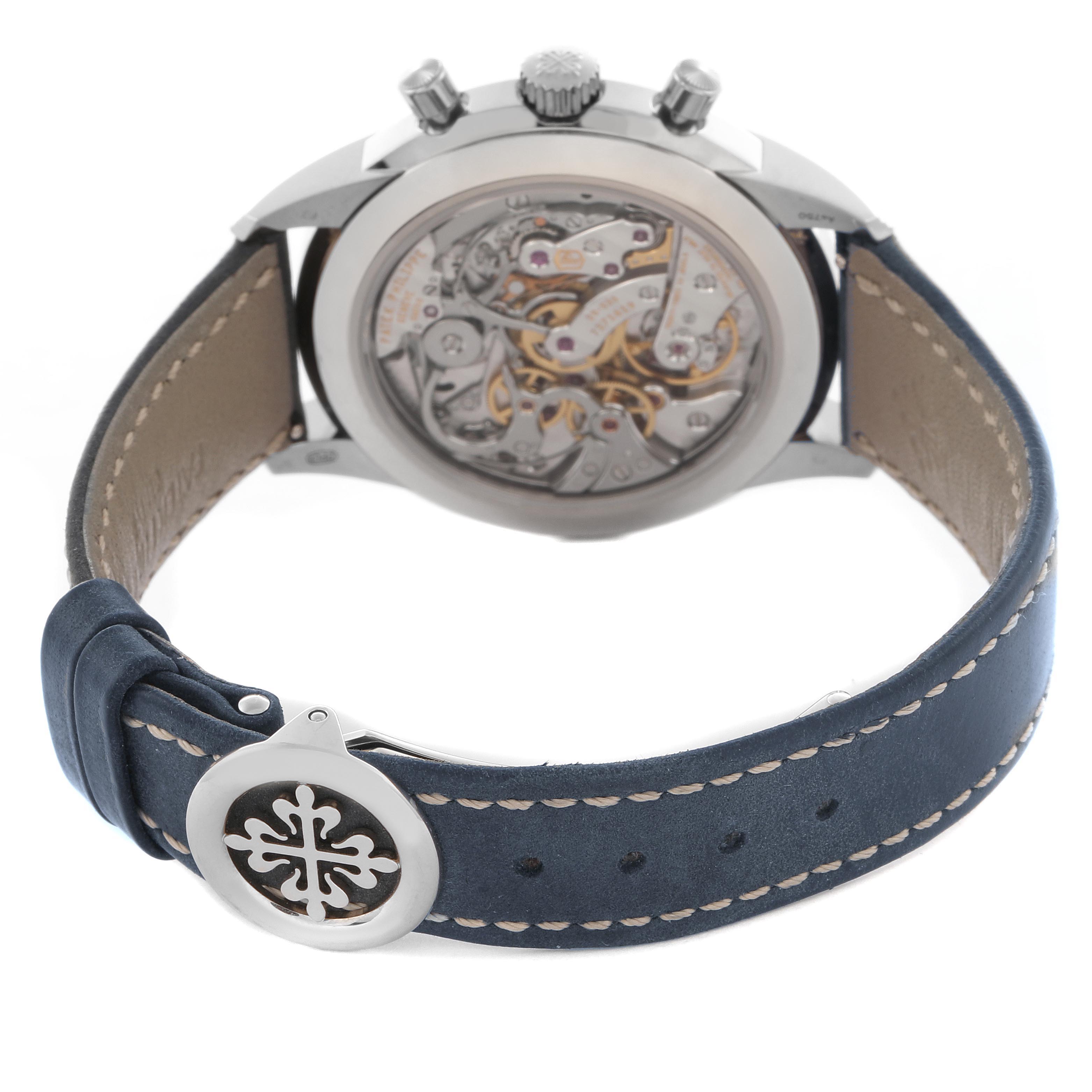 The image shows the back view of the Patek Philippe Complications 5172G-001 Men
s White Gold Blue Dial 5172G-001 Men
s White Gold Blue Dial watch, highlighting the movement and clasp on the strap.