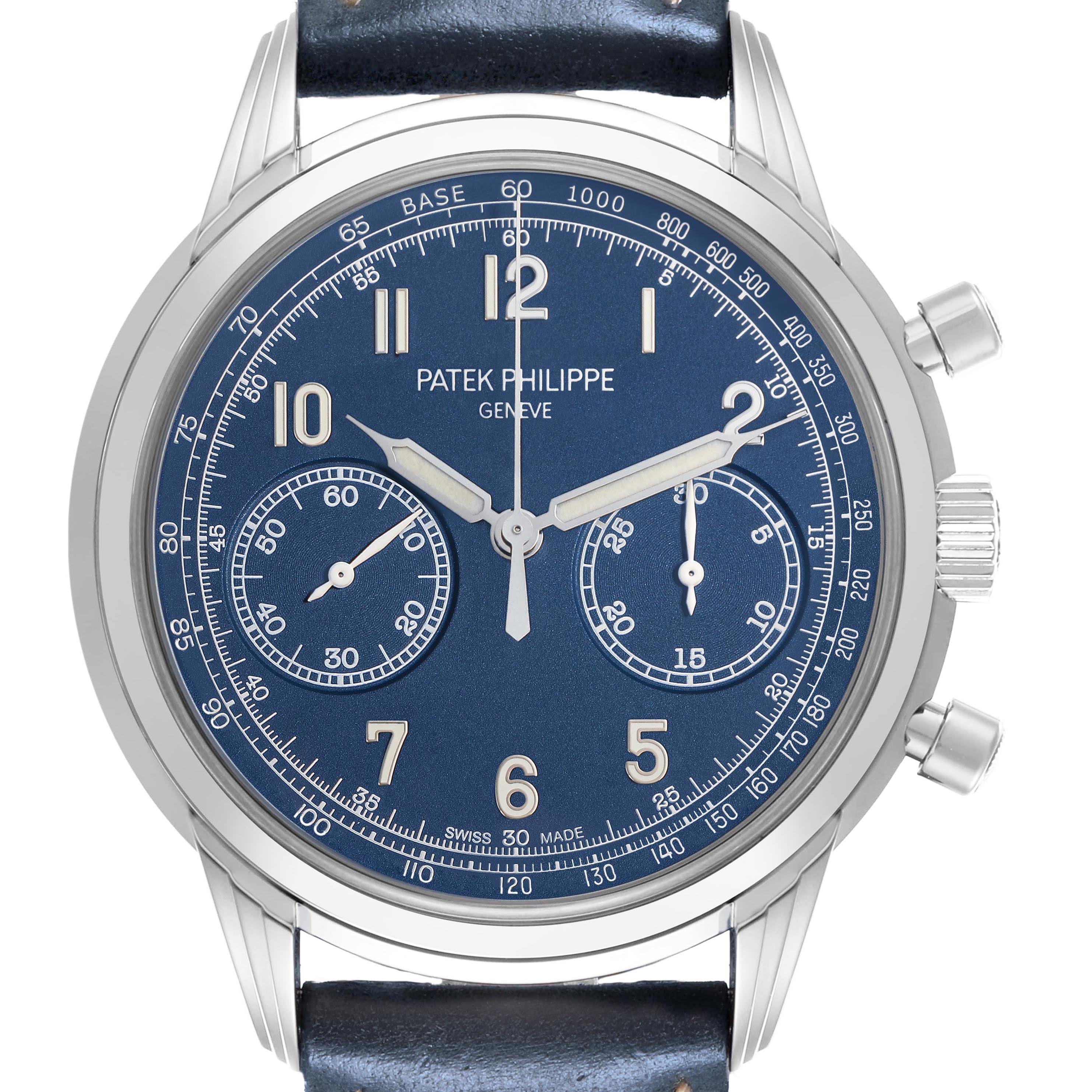 The Patek Philippe Complications 5172G-001 Men
s White Gold Blue Dial 5172G-001 Men
s White Gold Blue Dial watch is shown from a front angle, displaying the dial, subdials, and side pushers.